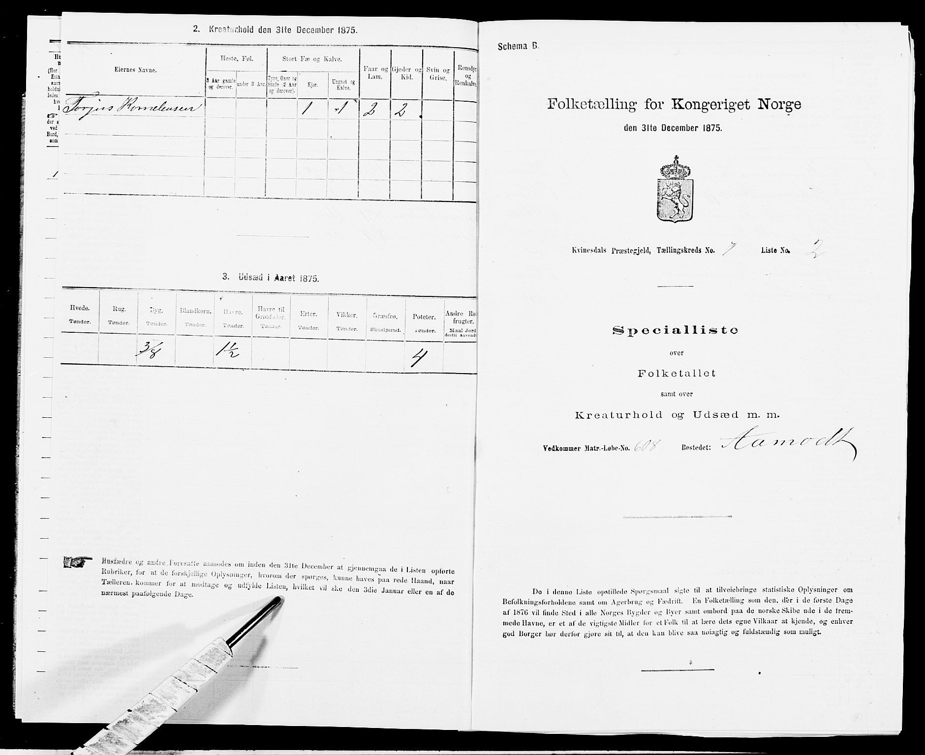 SAK, 1875 census for 1037P Kvinesdal, 1875, p. 1092