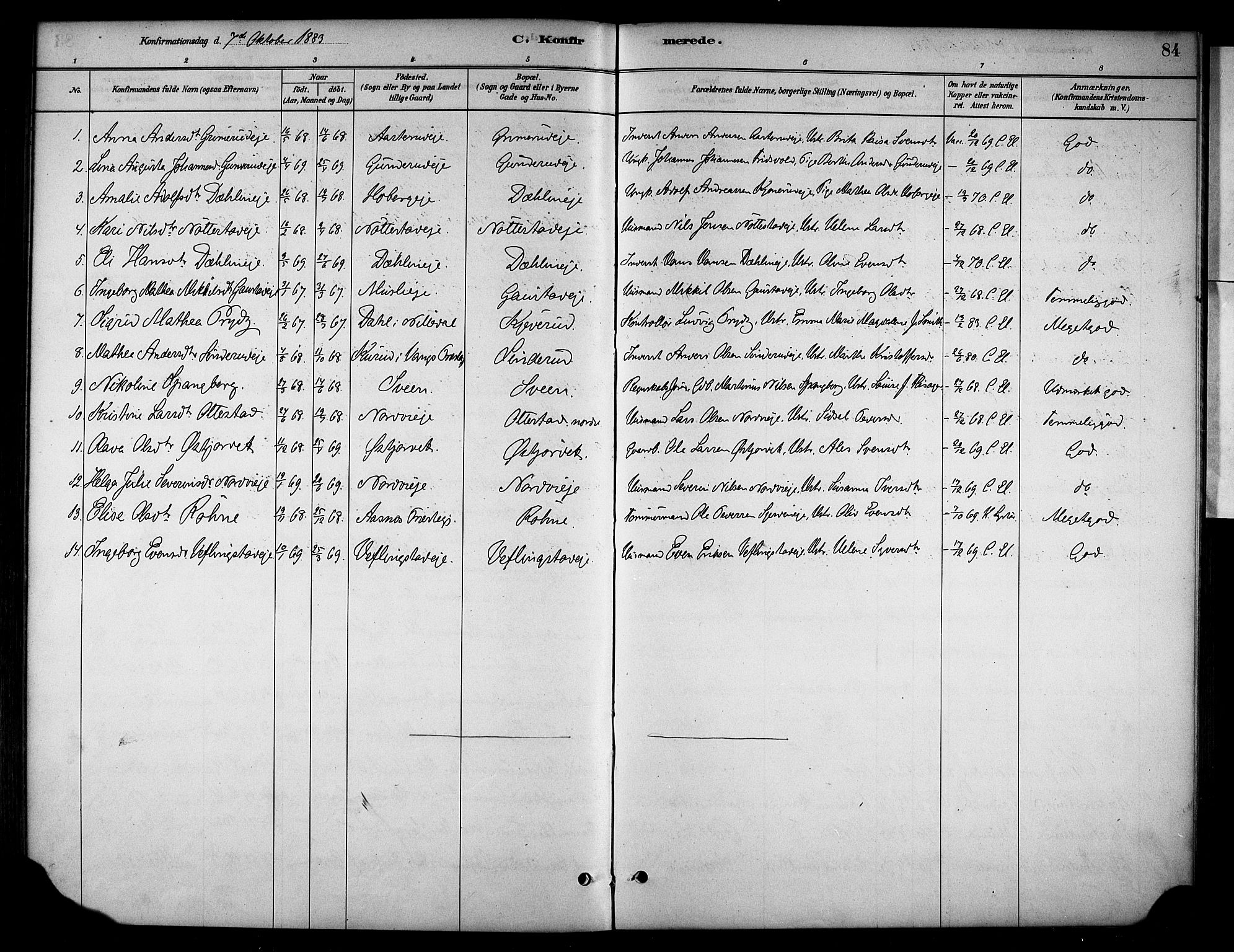 Stange prestekontor, SAH/PREST-002/K/L0019: Parish register (official) no. 19, 1880-1891, p. 84