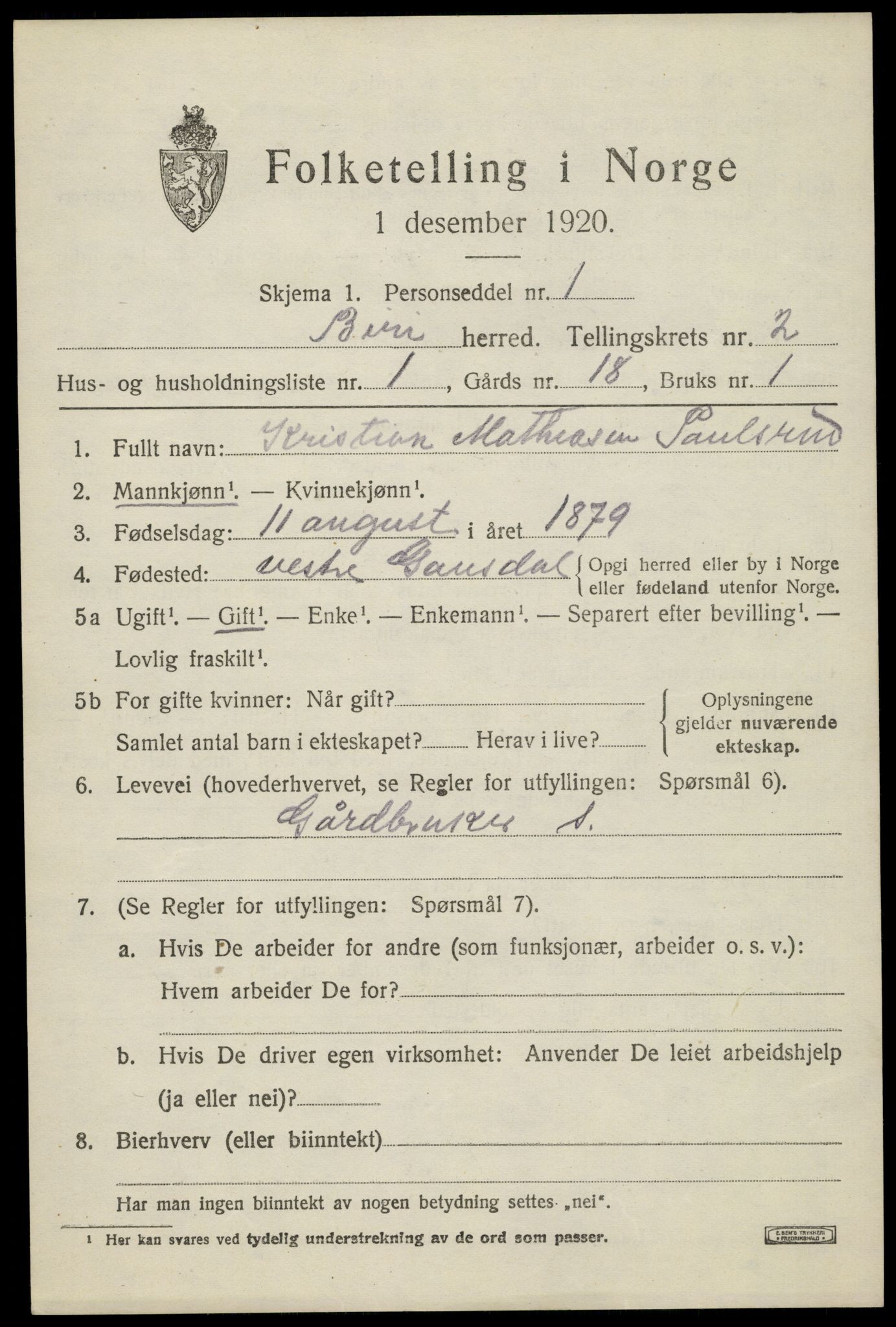 SAH, 1920 census for Biri, 1920, p. 2025