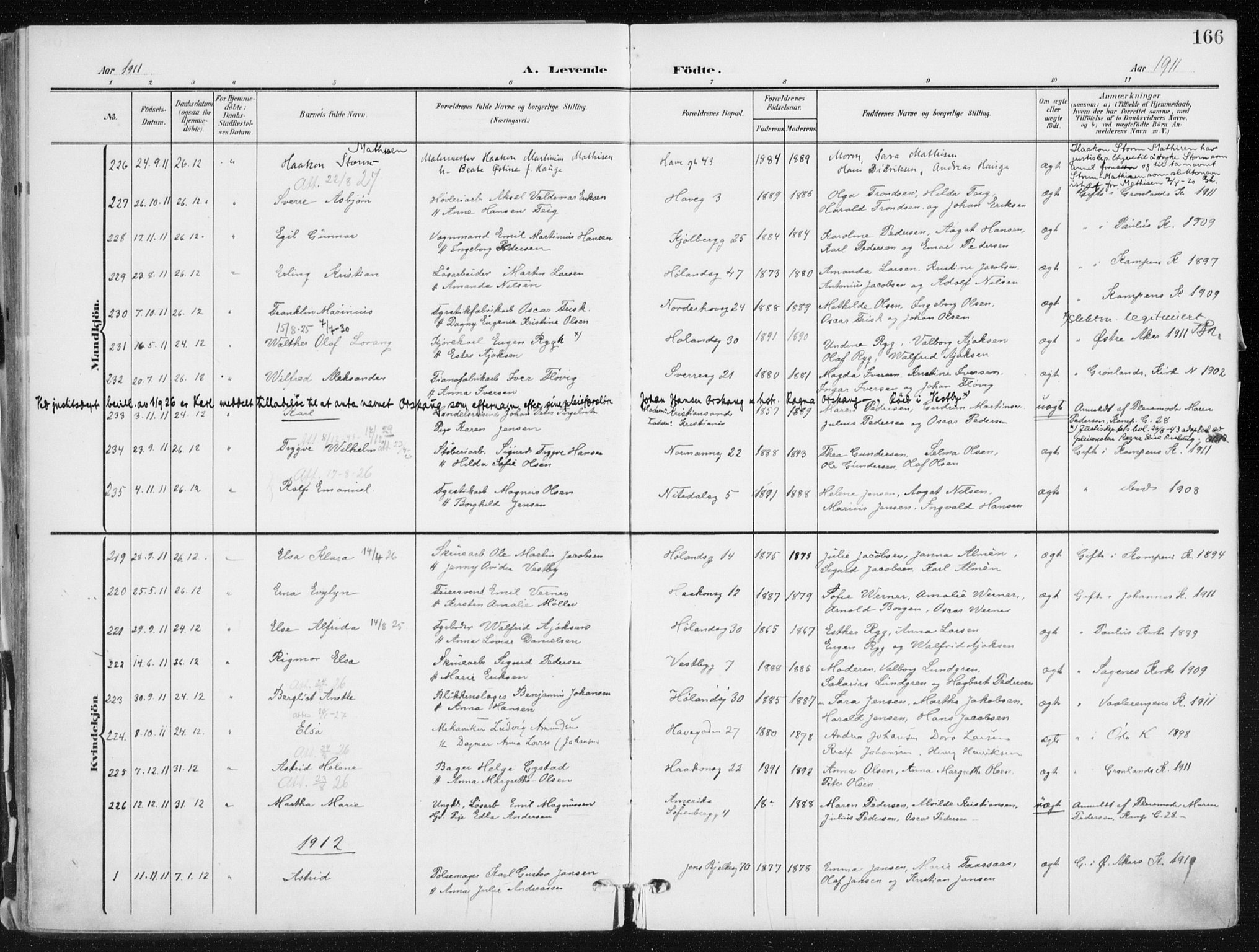 Kampen prestekontor Kirkebøker, SAO/A-10853/F/Fa/L0010: Parish register (official) no. I 10, 1905-1917, p. 166
