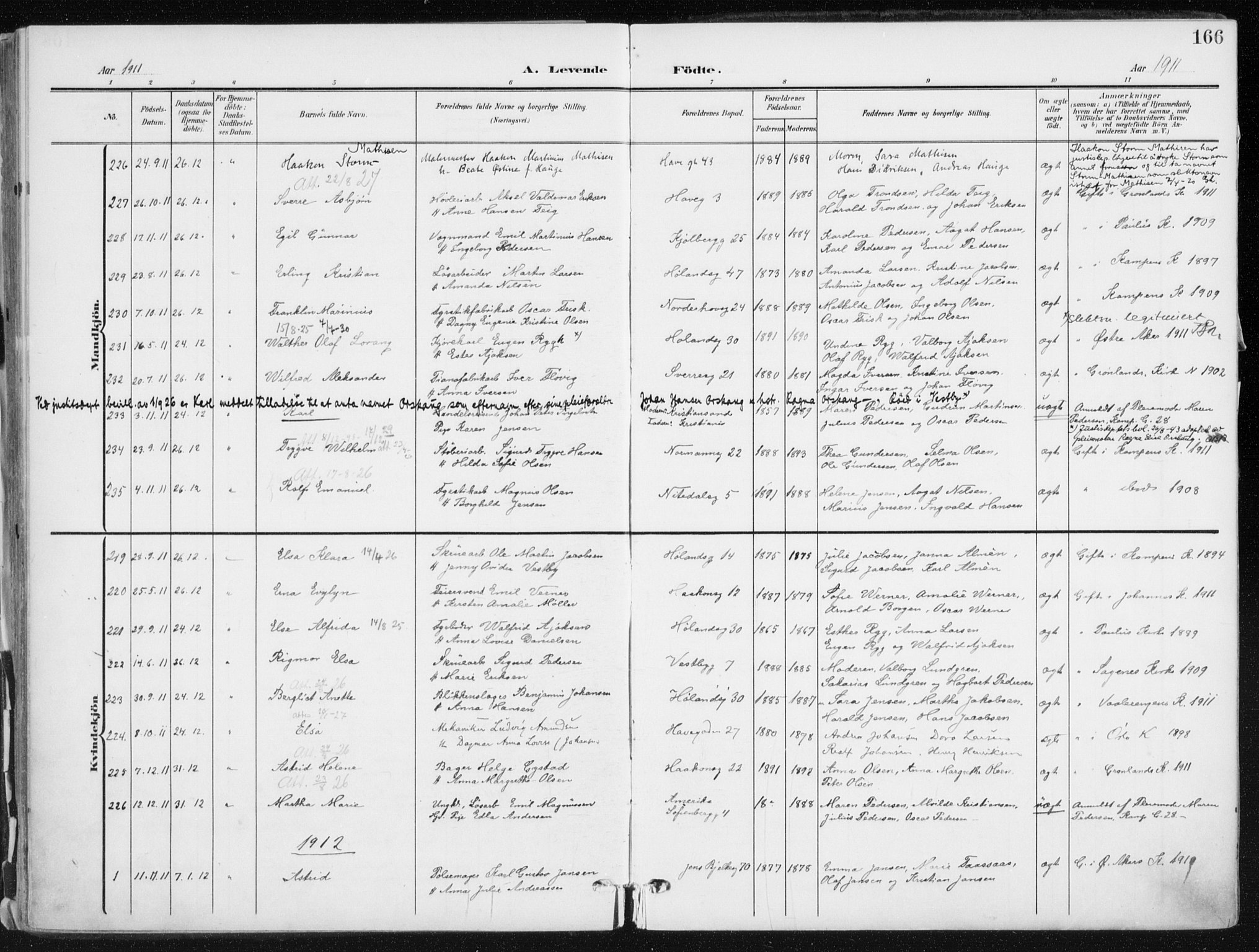 Kampen prestekontor Kirkebøker, AV/SAO-A-10853/F/Fa/L0010: Parish register (official) no. I 10, 1905-1917, p. 166