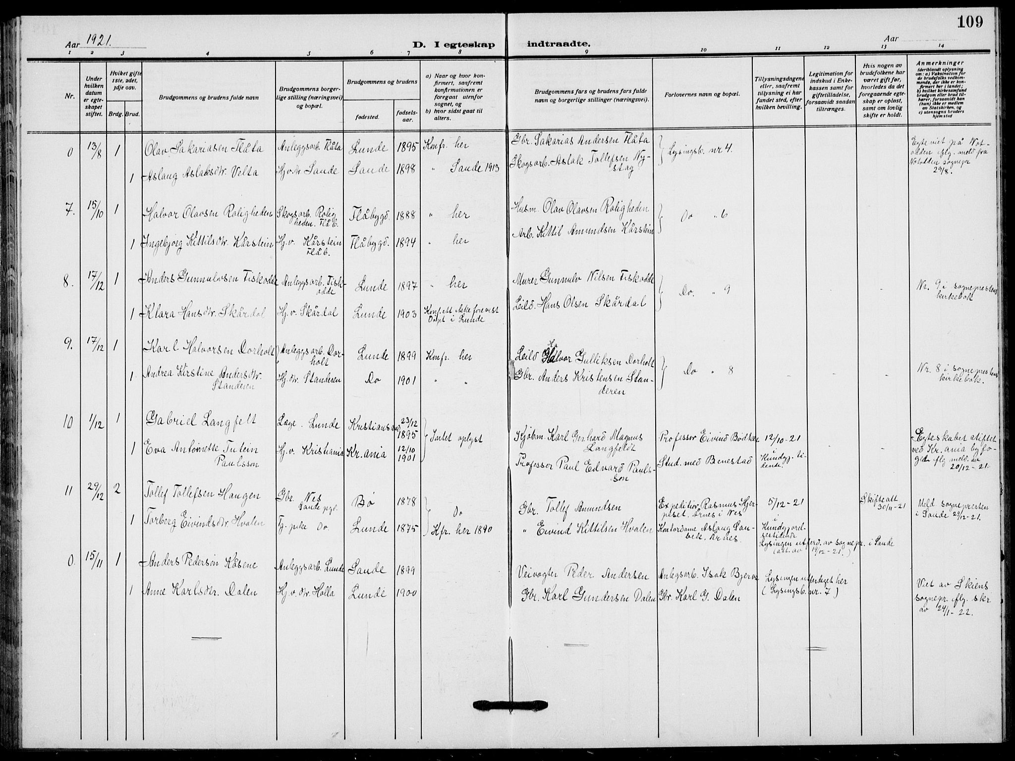 Lunde kirkebøker, SAKO/A-282/F/Fa/L0005: Parish register (official) no. I 5, 1914-1922, p. 109