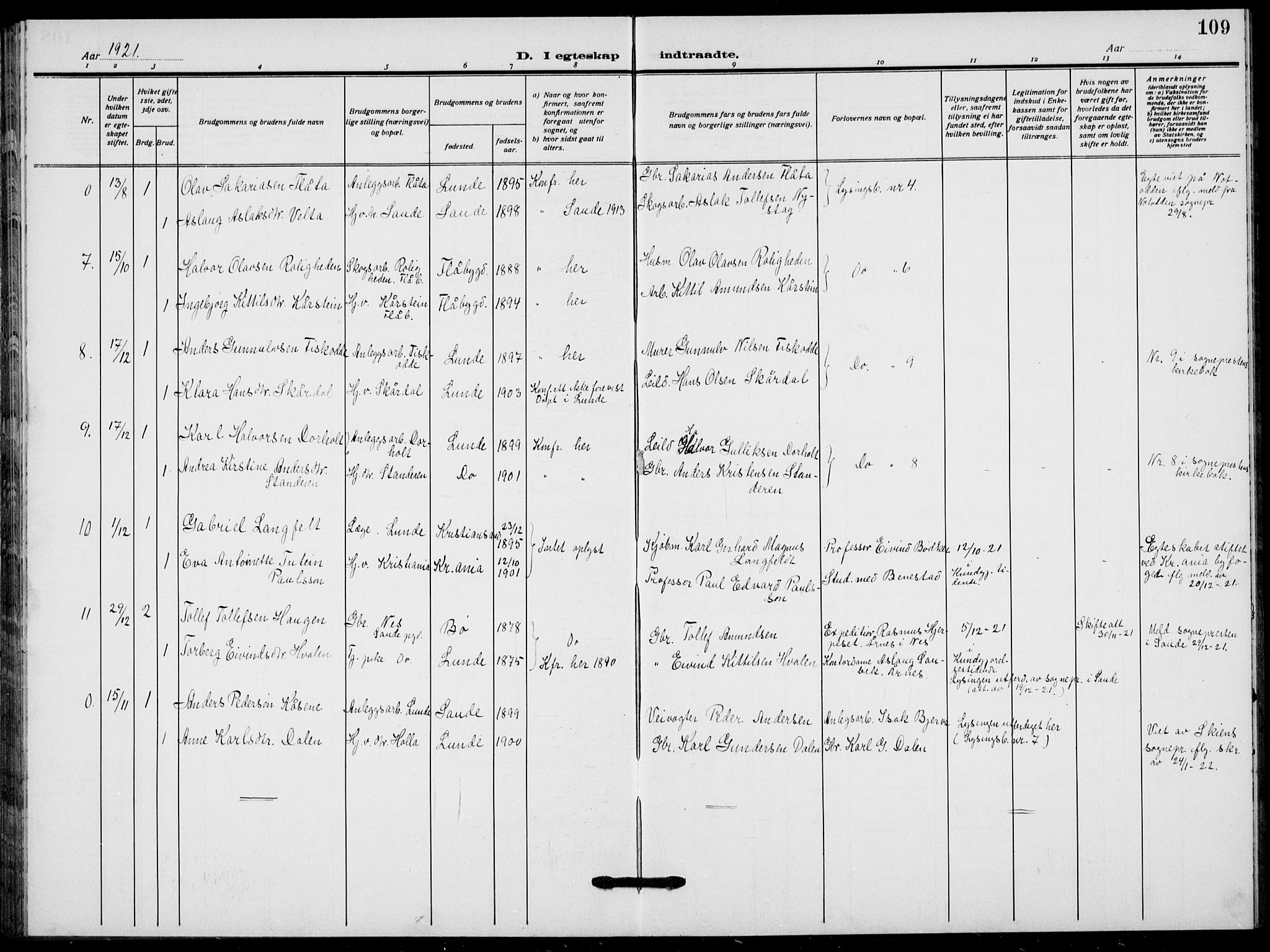 Lunde kirkebøker, AV/SAKO-A-282/F/Fa/L0005: Parish register (official) no. I 5, 1914-1922, p. 109