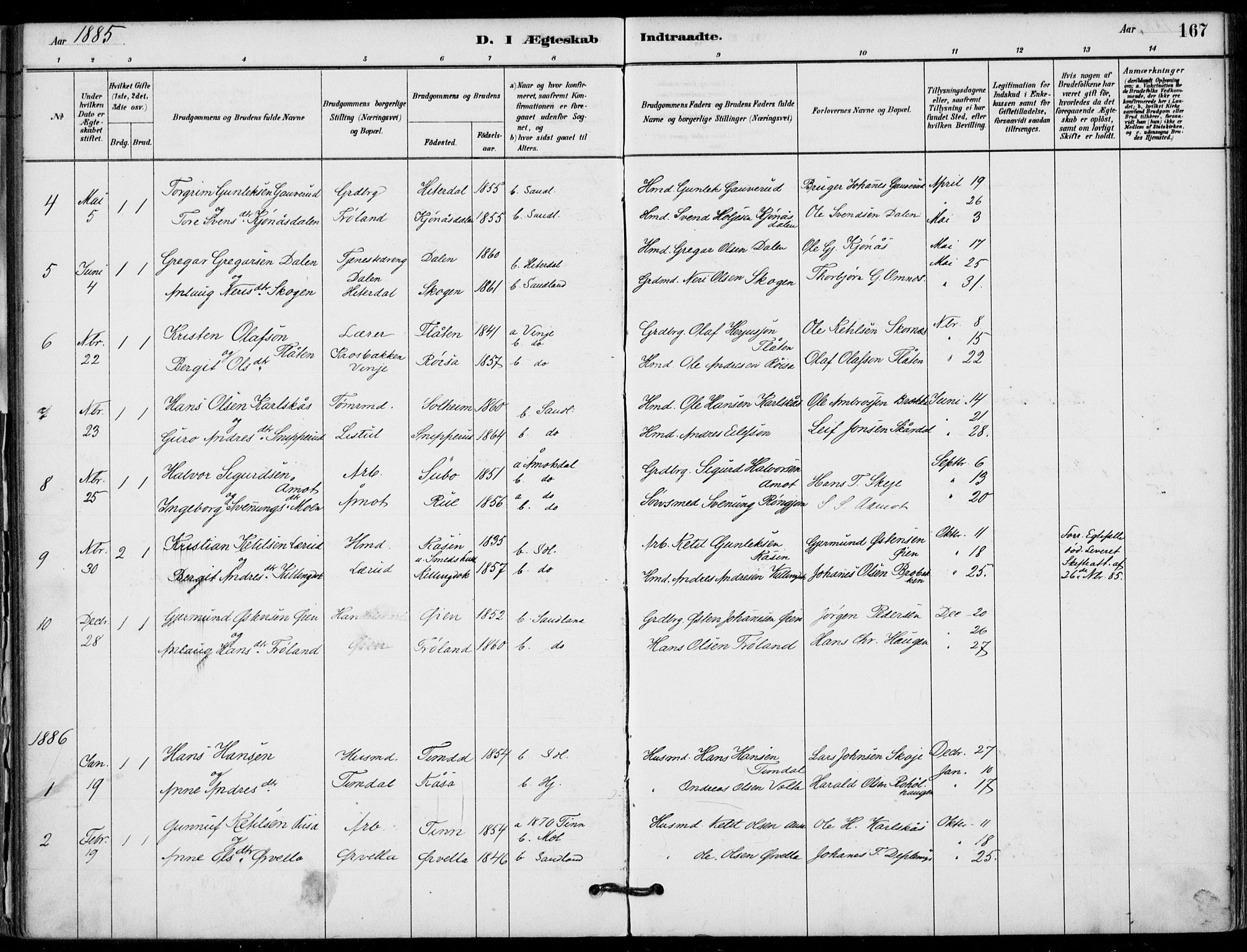 Hjartdal kirkebøker, SAKO/A-270/F/Fb/L0002: Parish register (official) no. II 2, 1880-1932, p. 167