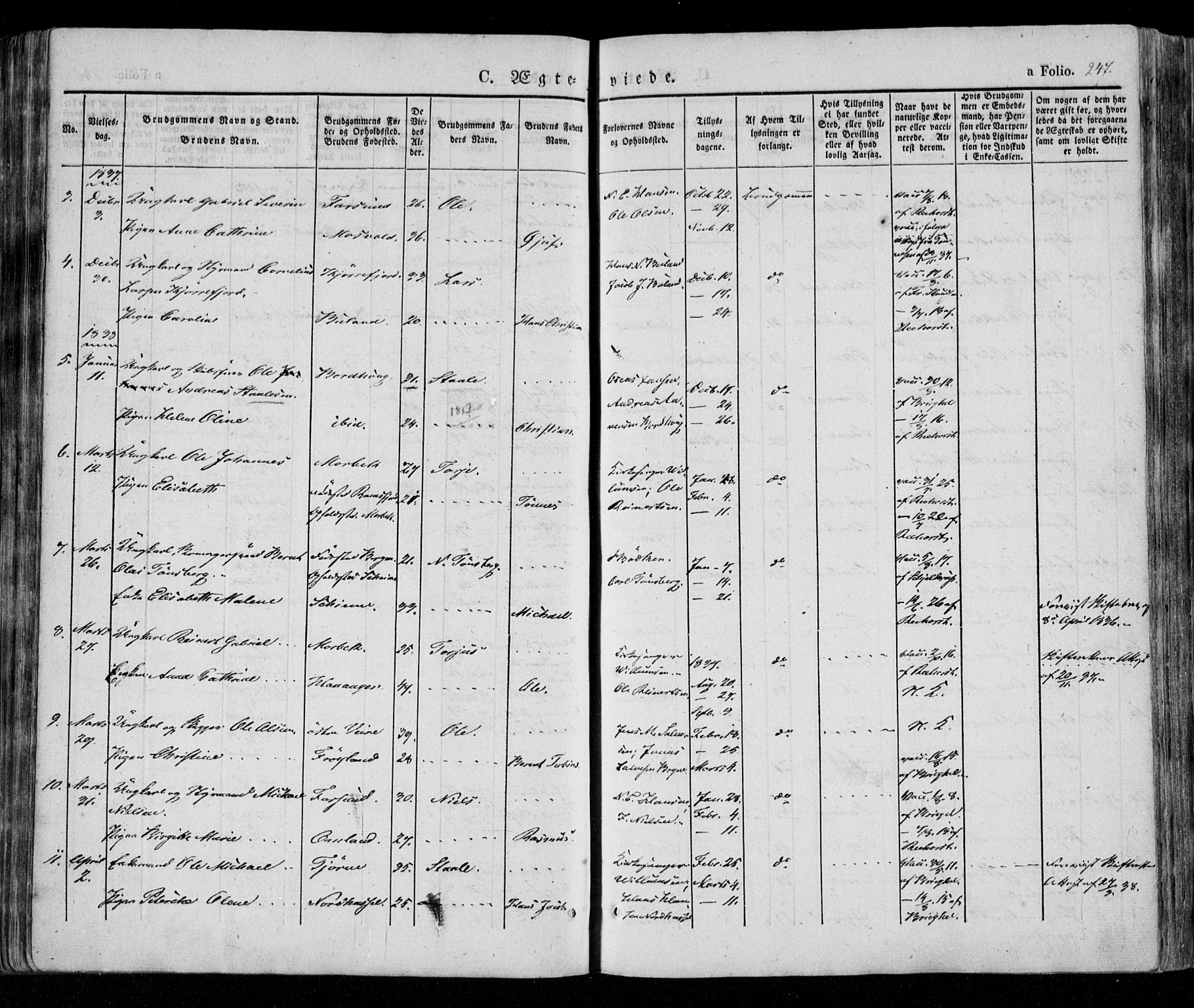 Lista sokneprestkontor, AV/SAK-1111-0027/F/Fa/L0009: Parish register (official) no. A 9, 1835-1846, p. 247