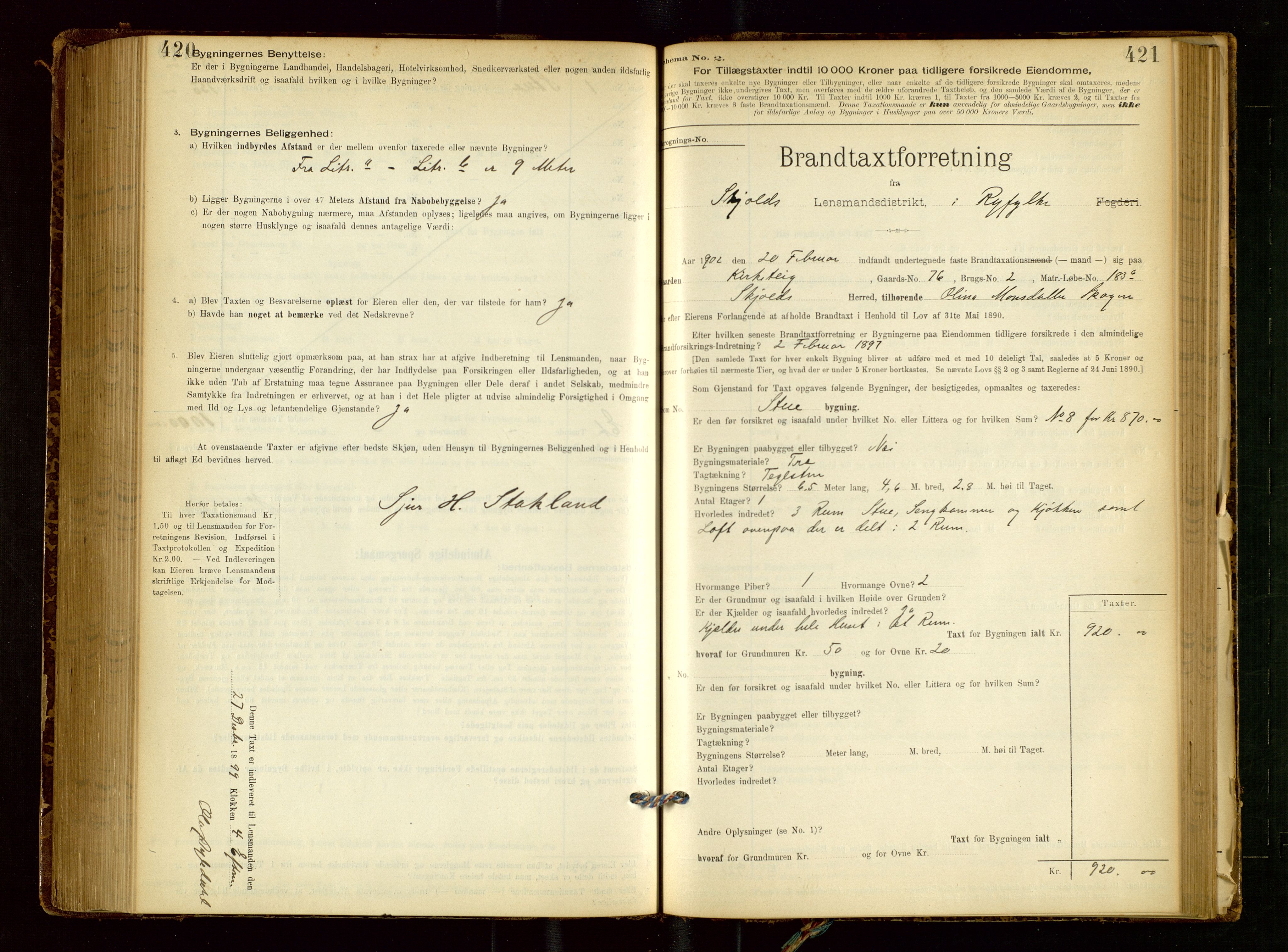 Skjold lensmannskontor, SAST/A-100182/Gob/L0001: "Brandtaxationsprotokol for Skjold Lensmandsdistrikt Ryfylke Fogderi", 1894-1939, p. 420-421