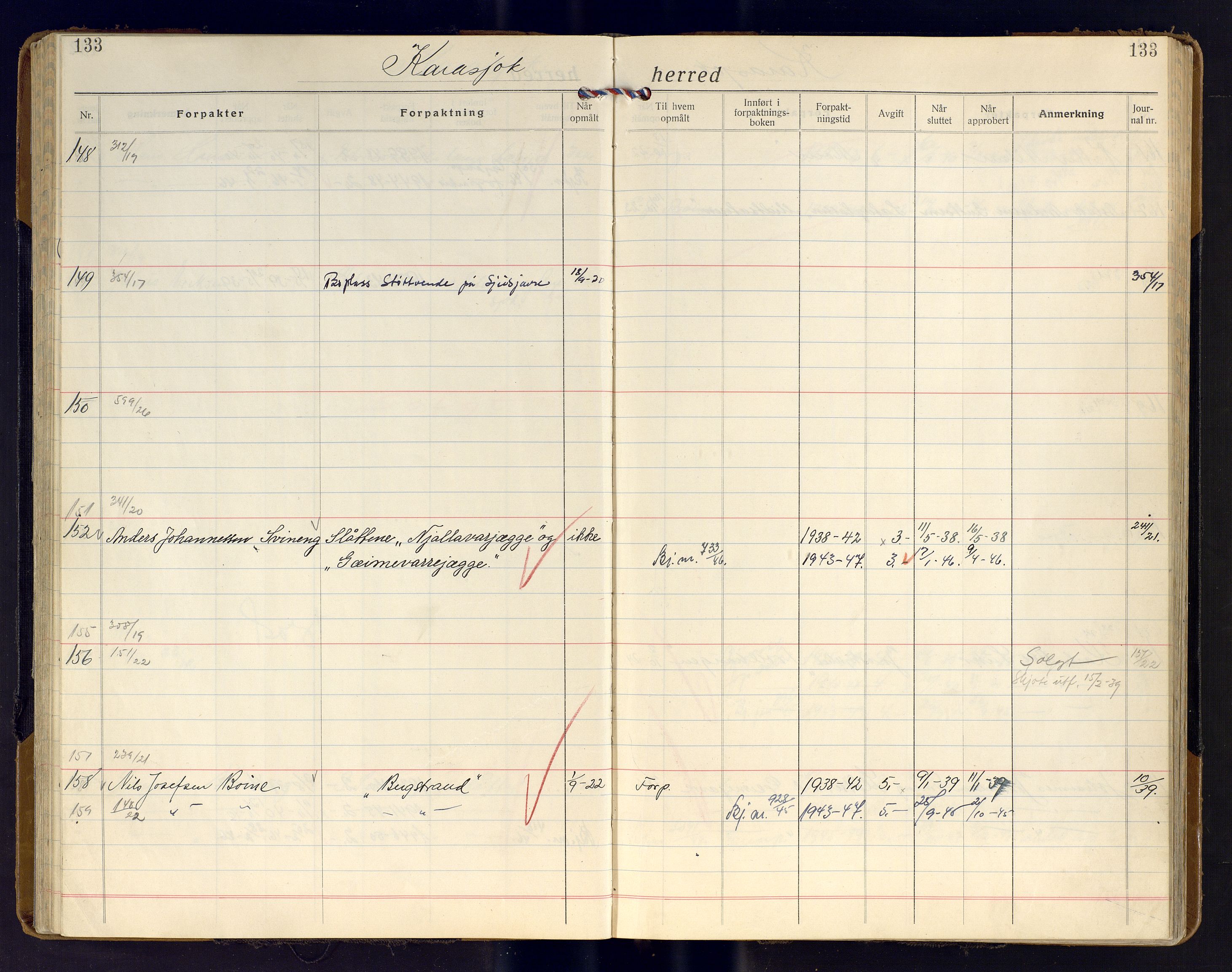 Finnmark jordsalgskommisjon/jordsalgskontor og Statskog SF Finnmark jordsalgskontor, AV/SATØ-S-1443/J/Ja/L0011: Forpaktningsbok for Finnmark II, 1921-1948, p. 133