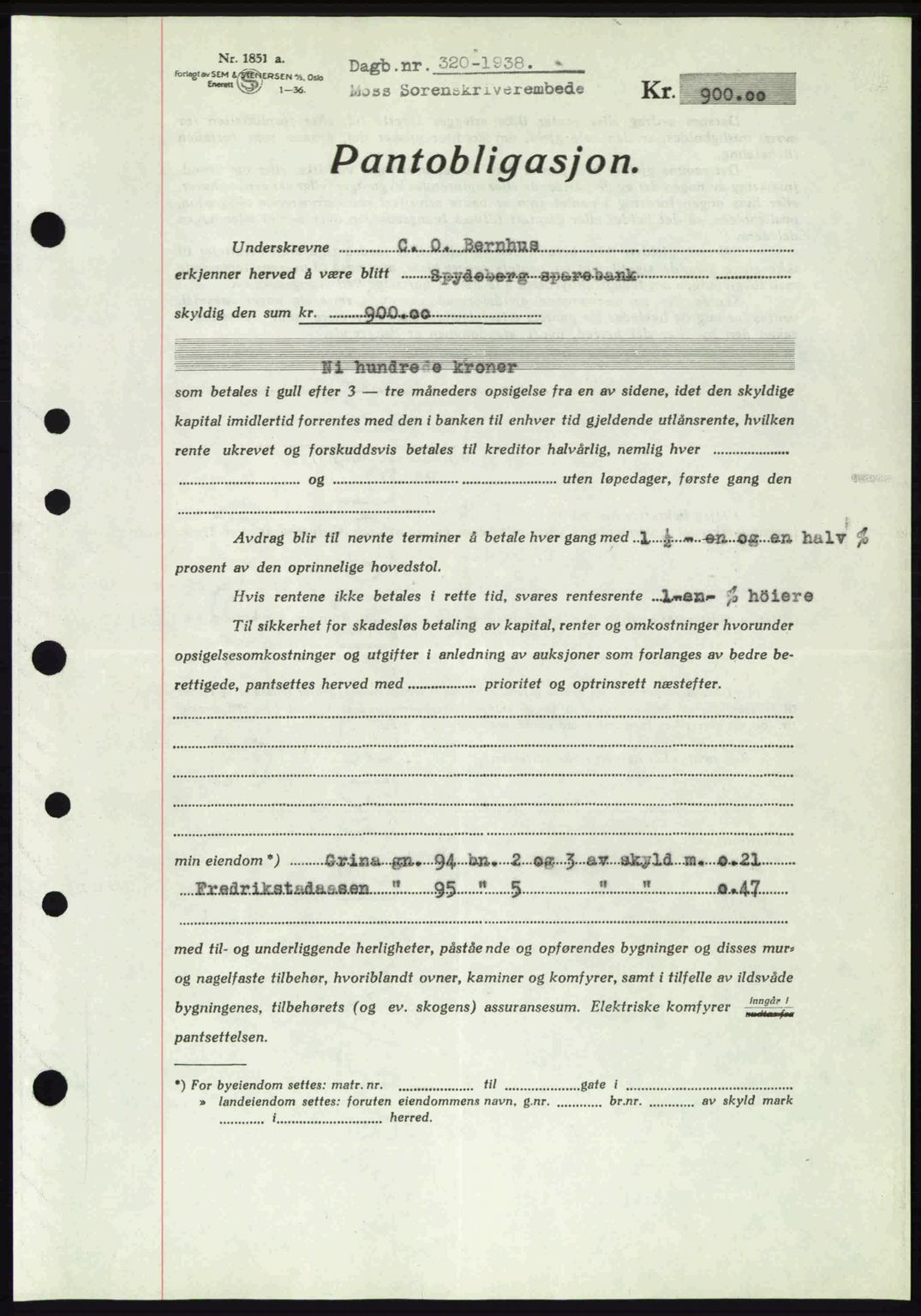 Moss sorenskriveri, AV/SAO-A-10168: Mortgage book no. B5, 1938-1938, Diary no: : 320/1938