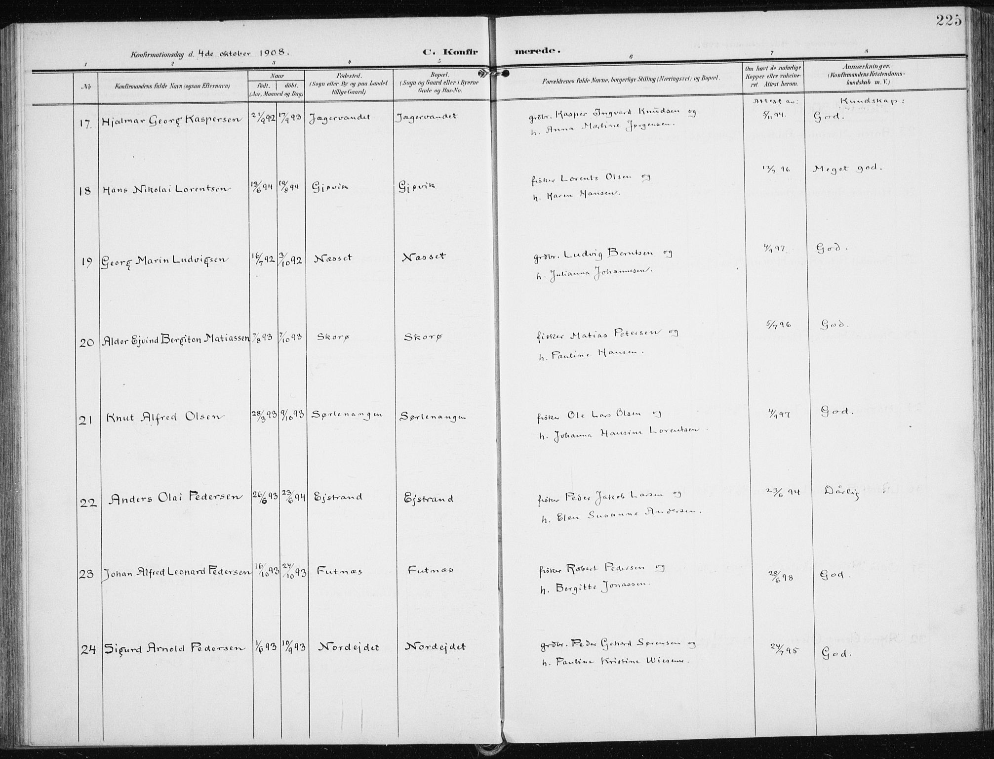 Karlsøy sokneprestembete, AV/SATØ-S-1299/H/Ha/Haa/L0014kirke: Parish register (official) no. 14, 1903-1917, p. 225