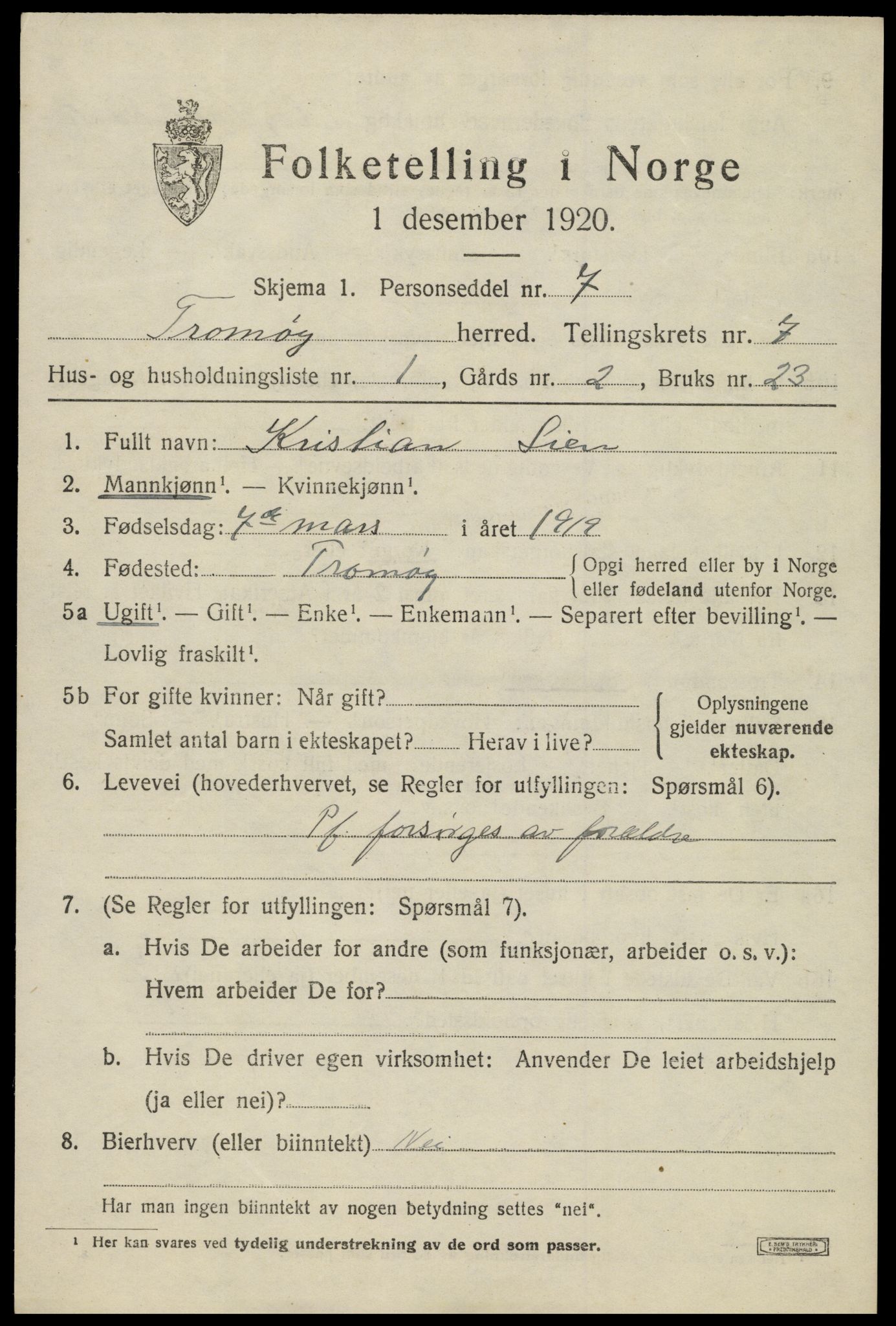 SAK, 1920 census for Tromøy, 1920, p. 4975