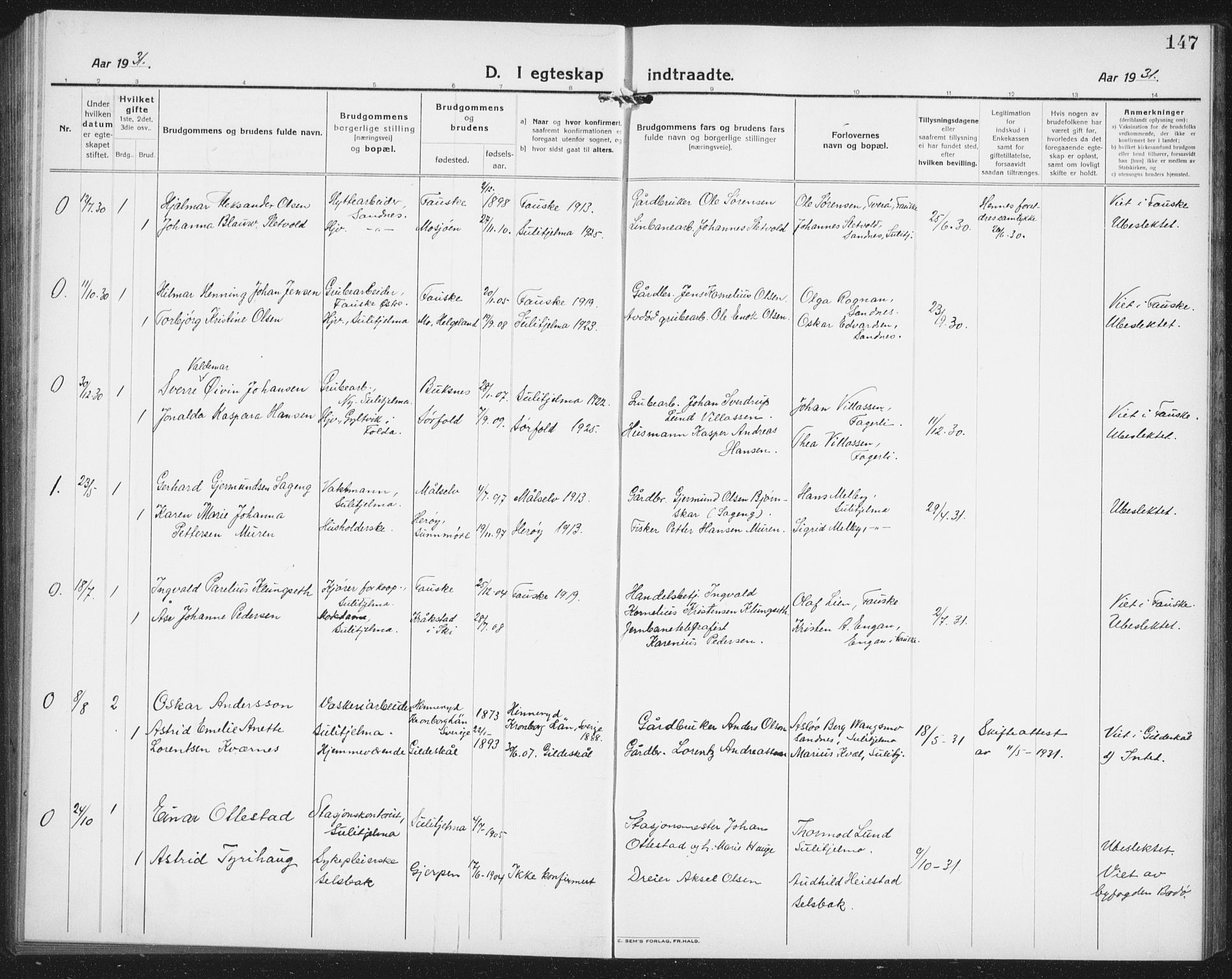 Ministerialprotokoller, klokkerbøker og fødselsregistre - Nordland, AV/SAT-A-1459/850/L0718: Parish register (copy) no. 850C02, 1921-1941, p. 147