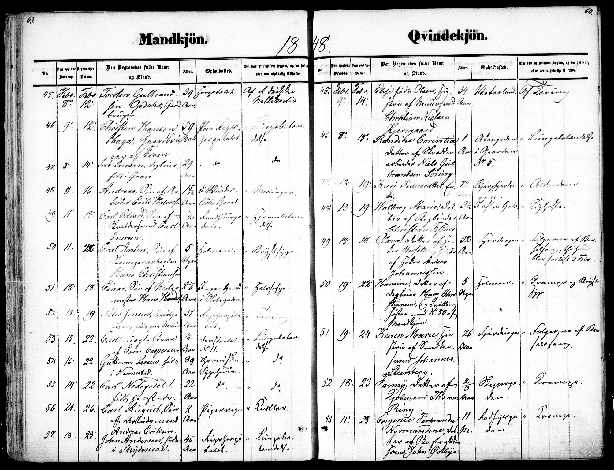 Oslo domkirke Kirkebøker, SAO/A-10752/F/Fa/L0025: Parish register (official) no. 25, 1847-1867, p. 63-64