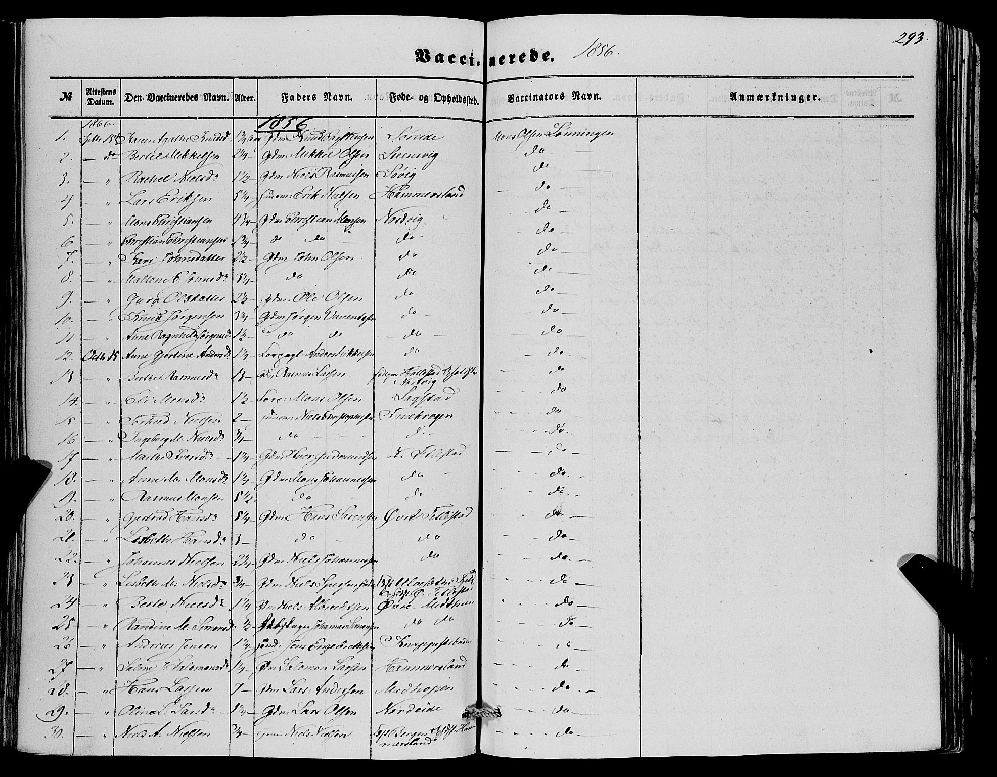 Fana Sokneprestembete, SAB/A-75101/H/Haa/Haaa/L0011: Parish register (official) no. A 11, 1851-1862, p. 293