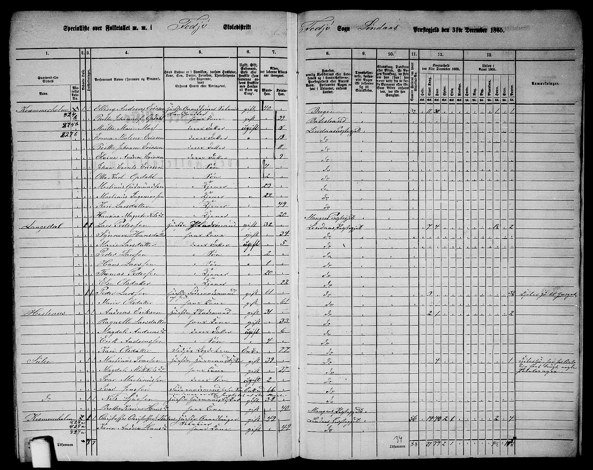 RA, 1865 census for Lindås, 1865, p. 290