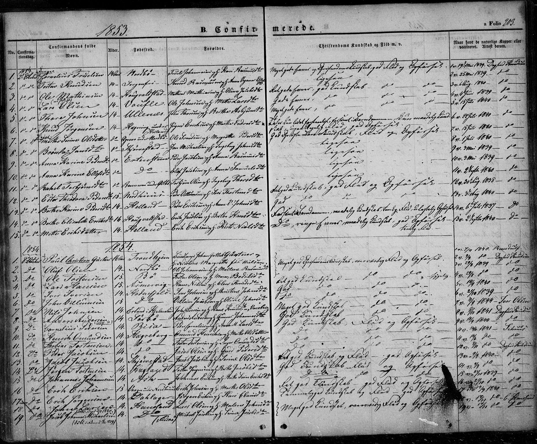 Rennesøy sokneprestkontor, SAST/A -101827/H/Ha/Haa/L0005: Parish register (official) no. A 5, 1838-1859, p. 203