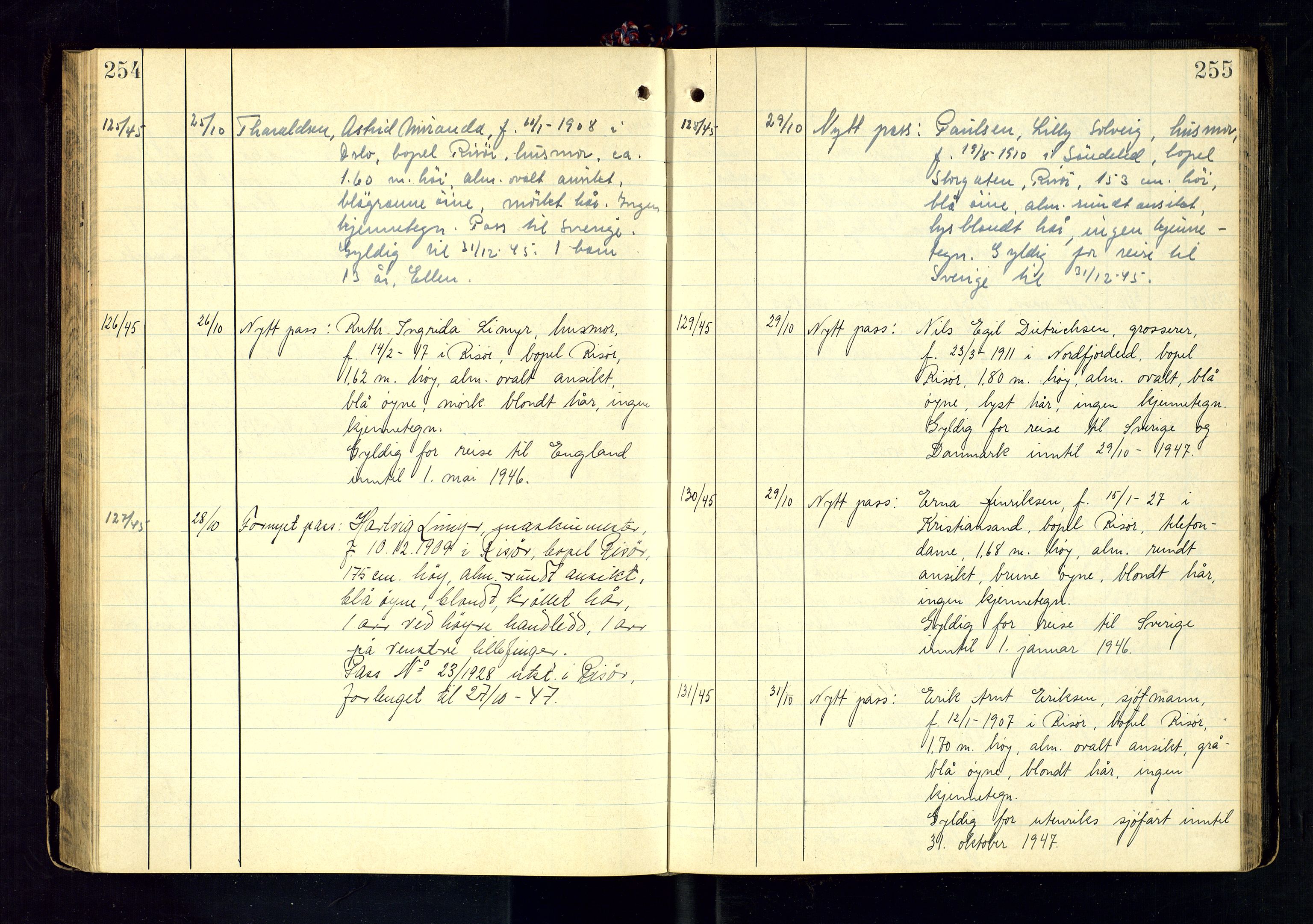Risør politistasjon, AV/SAK-1243-0006/K/Ka/L0001/0001: Passprotokoller / Passprotokoll, 1931-1946, p. 254-255