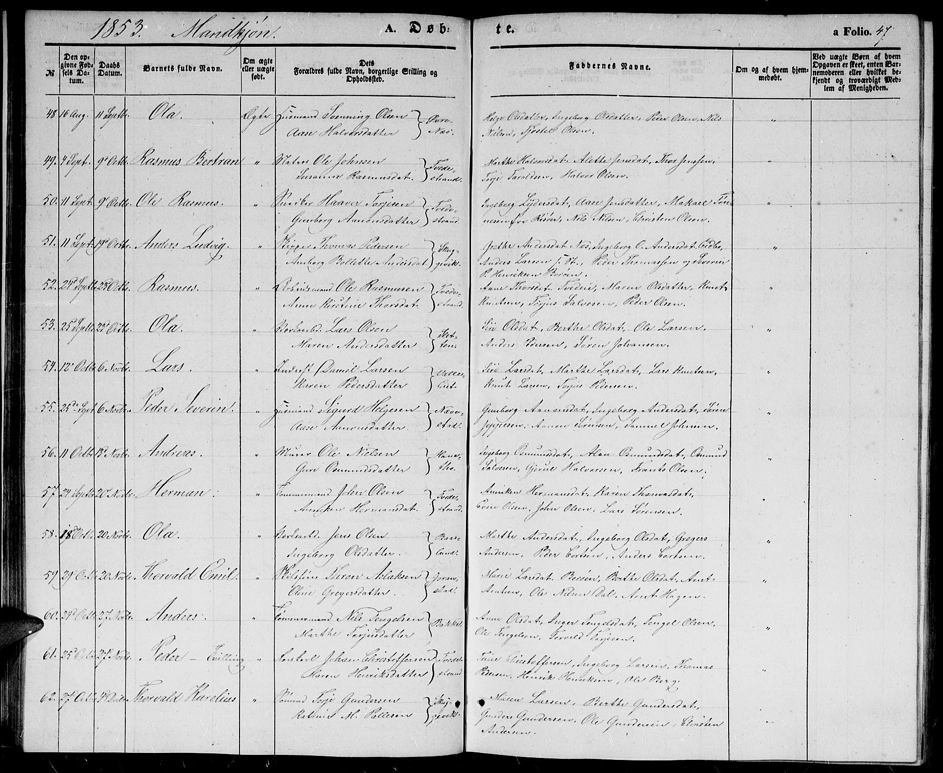 Holt sokneprestkontor, SAK/1111-0021/F/Fb/L0007: Parish register (copy) no. B 7, 1849-1858, p. 47