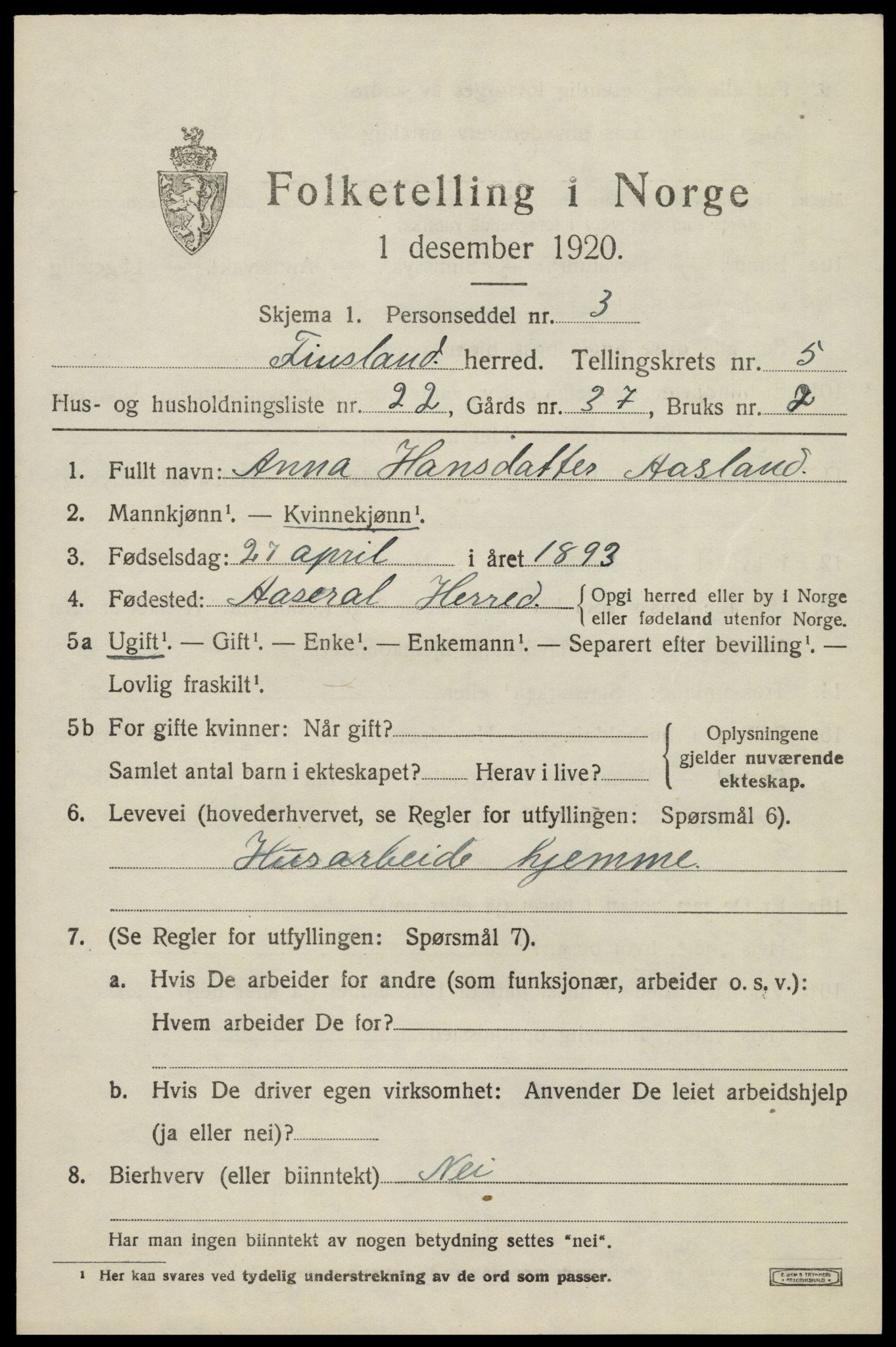 SAK, 1920 census for Finsland, 1920, p. 1984