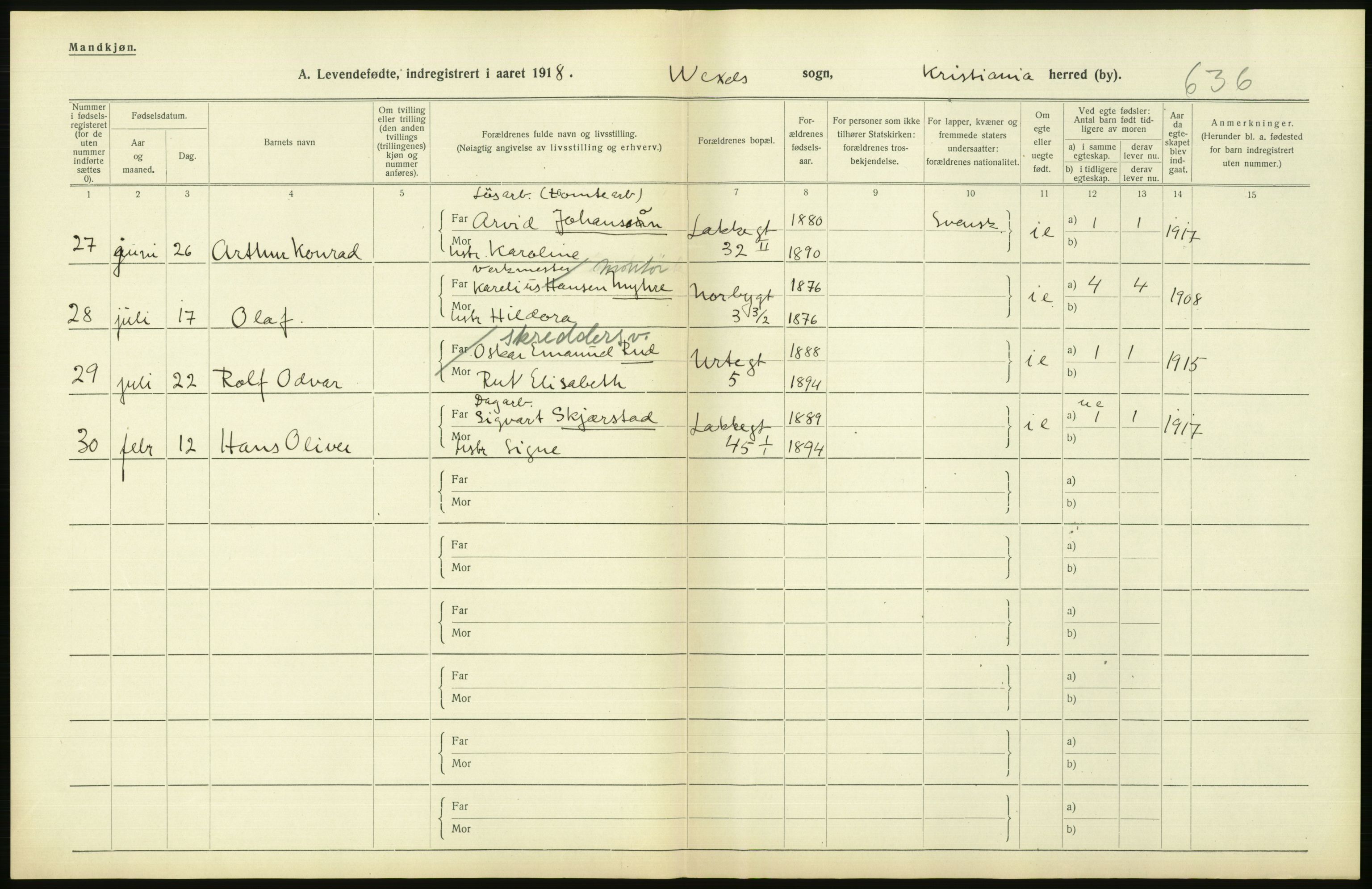 Statistisk sentralbyrå, Sosiodemografiske emner, Befolkning, AV/RA-S-2228/D/Df/Dfb/Dfbh/L0008: Kristiania: Levendefødte menn og kvinner., 1918, p. 796