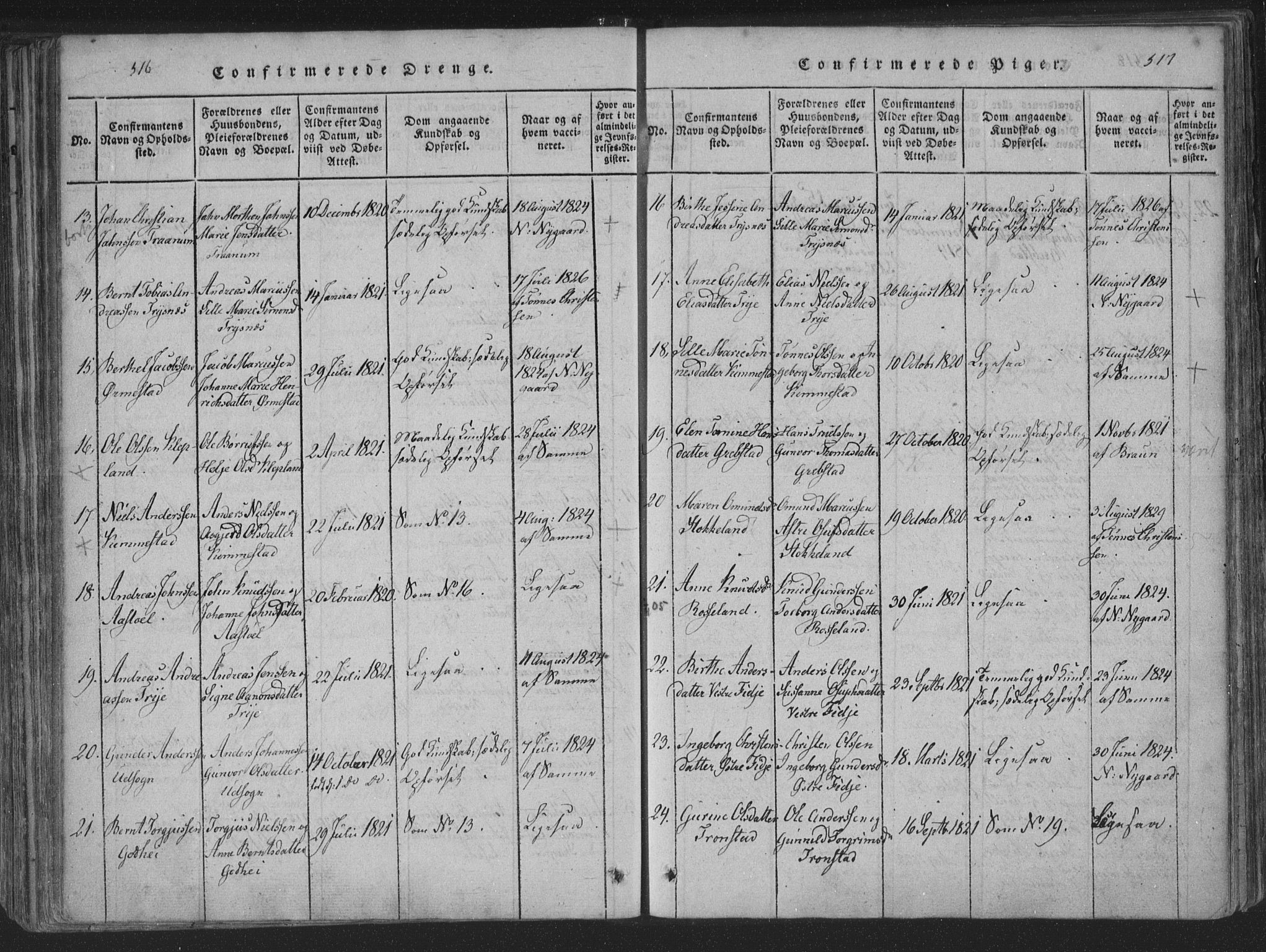 Søgne sokneprestkontor, SAK/1111-0037/F/Fa/Fab/L0008: Parish register (official) no. A 8, 1821-1838, p. 516-517