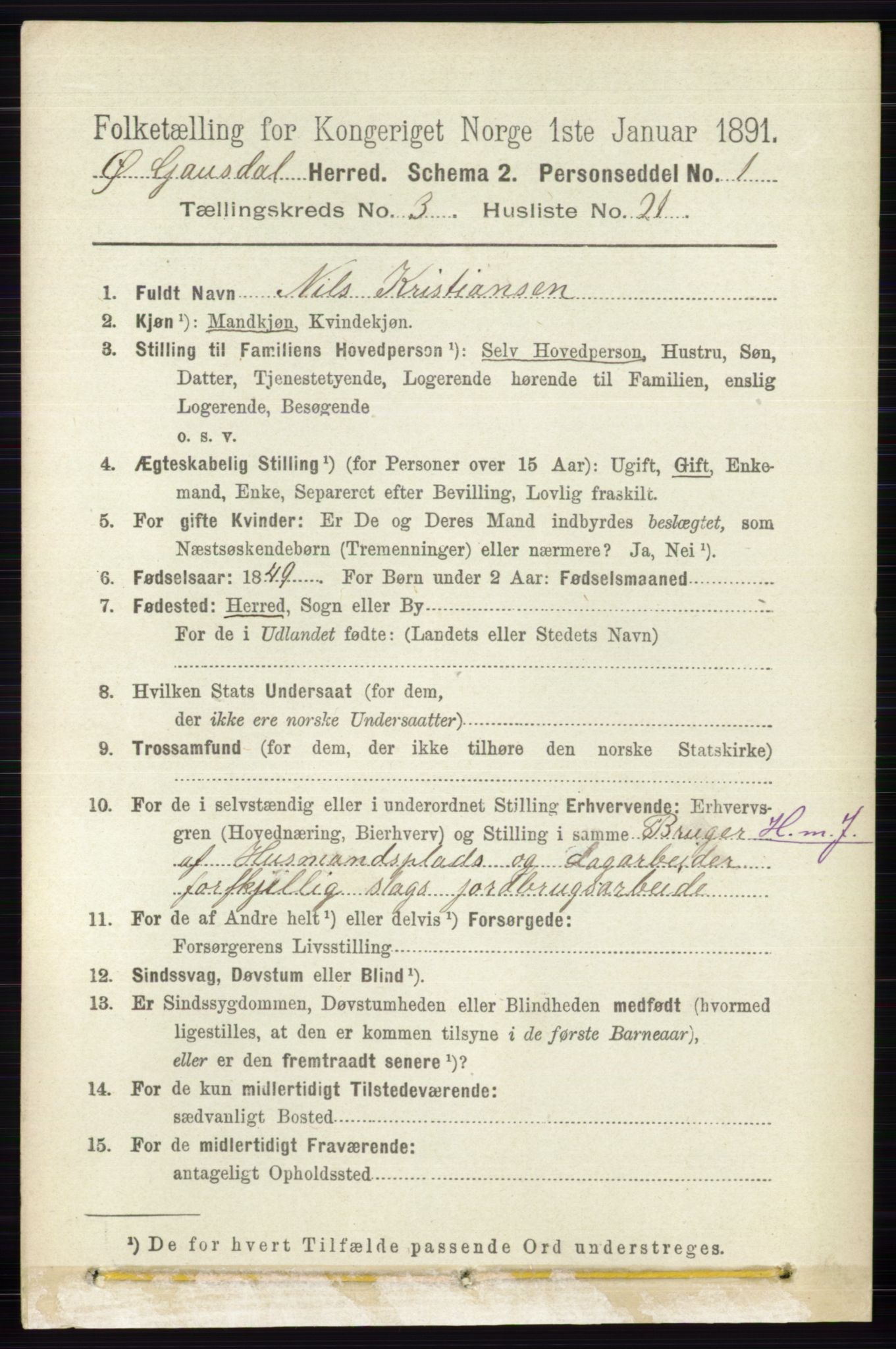 RA, 1891 census for 0522 Østre Gausdal, 1891, p. 1869