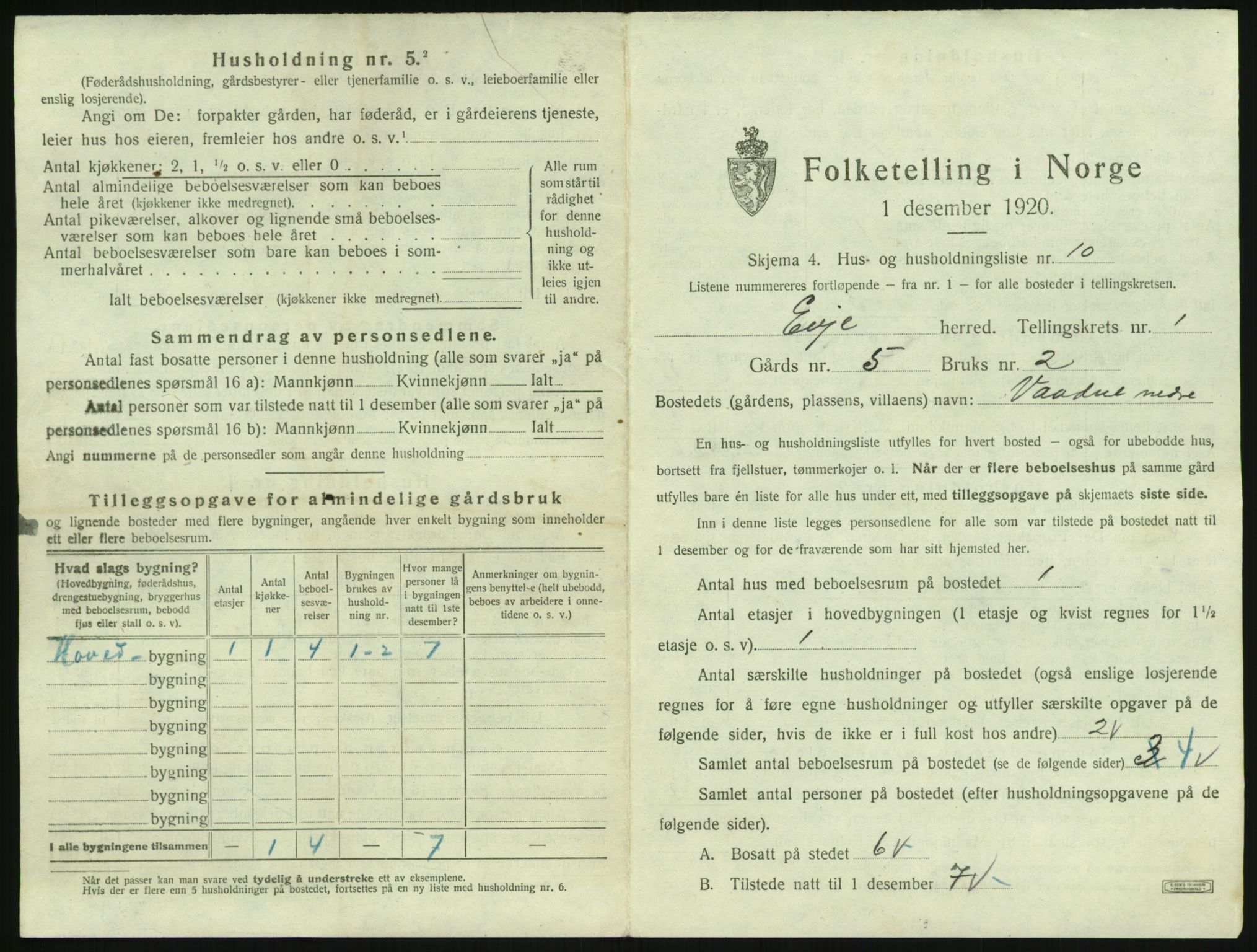 SAK, 1920 census for Evje, 1920, p. 60