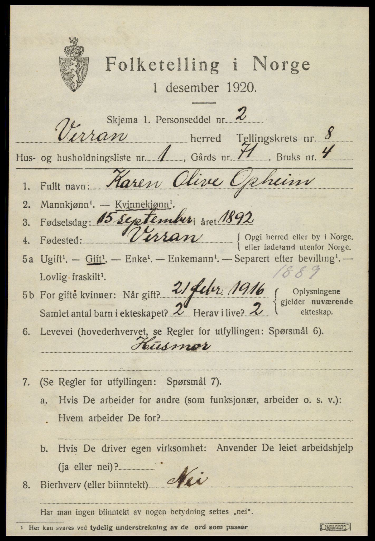 SAT, 1920 census for Verran, 1920, p. 3010