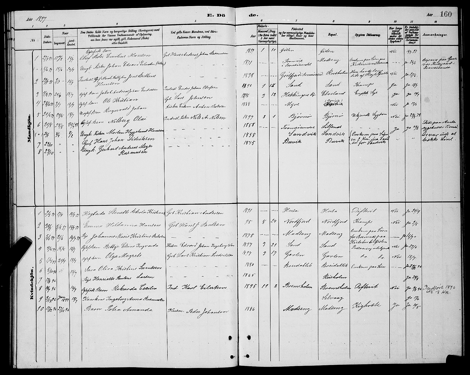Lenvik sokneprestembete, SATØ/S-1310/H/Ha/Hab/L0021klokker: Parish register (copy) no. 21, 1884-1900, p. 160