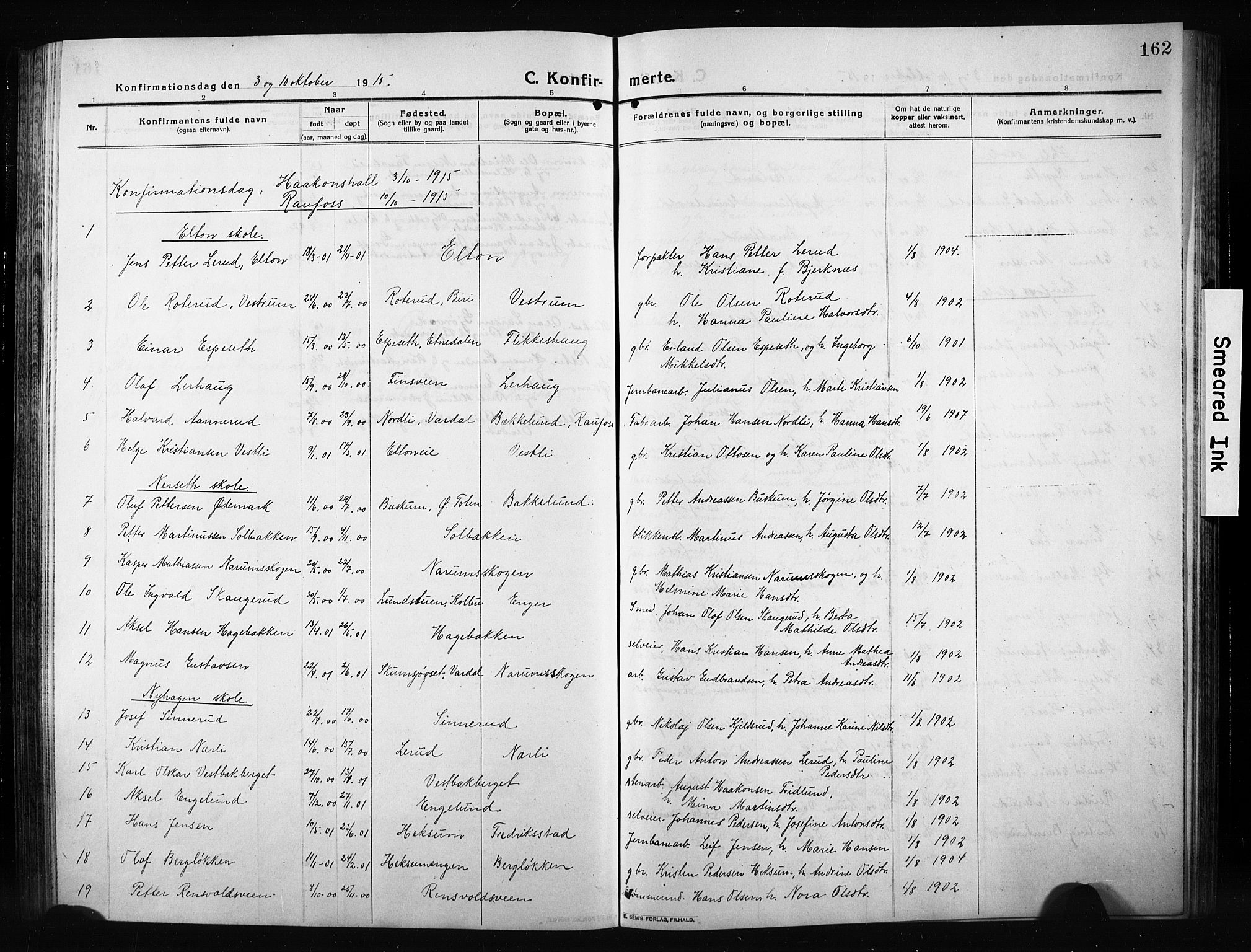 Vestre Toten prestekontor, SAH/PREST-108/H/Ha/Hab/L0012: Parish register (copy) no. 12, 1909-1928, p. 162
