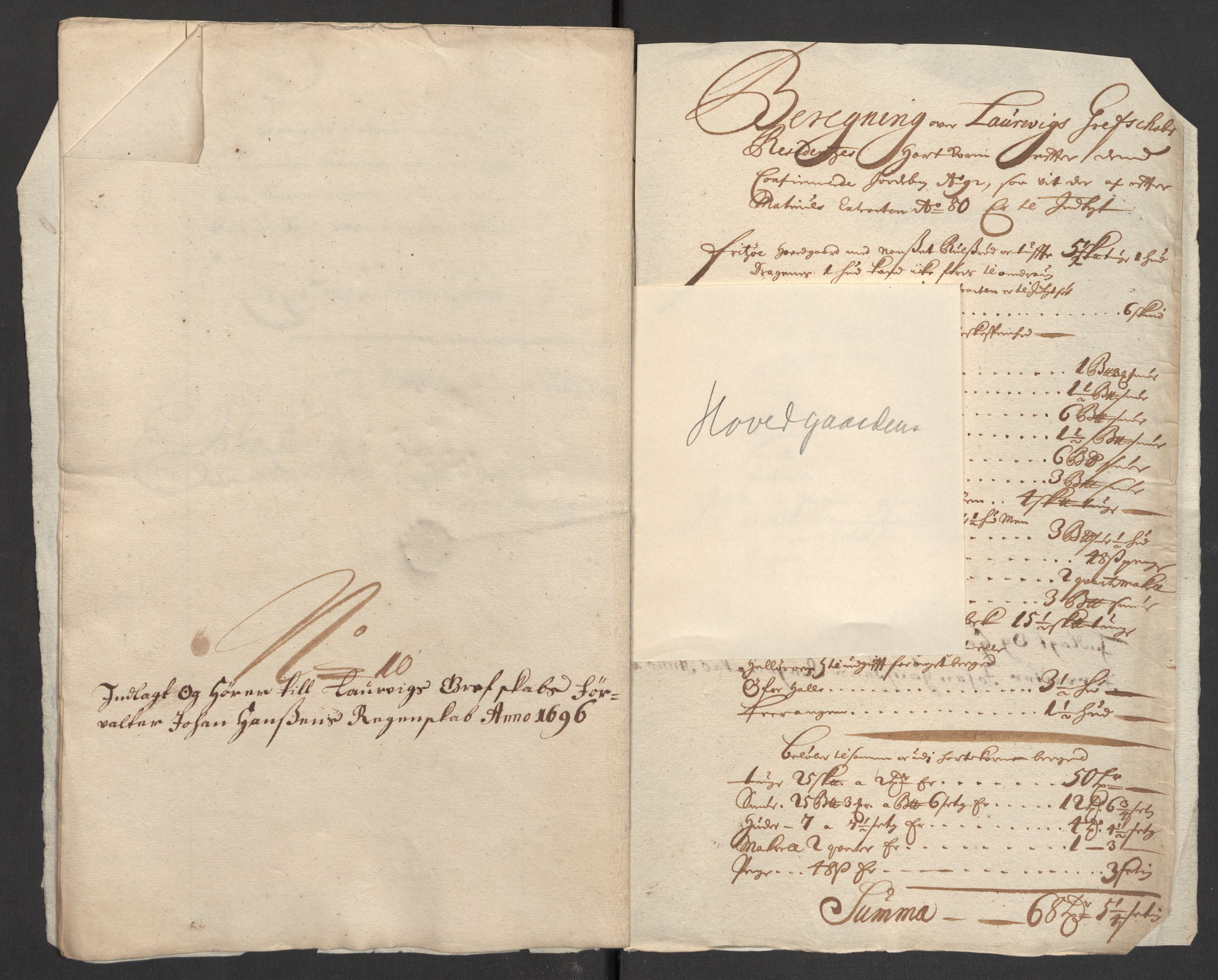 Rentekammeret inntil 1814, Reviderte regnskaper, Fogderegnskap, RA/EA-4092/R33/L1975: Fogderegnskap Larvik grevskap, 1696-1697, p. 103