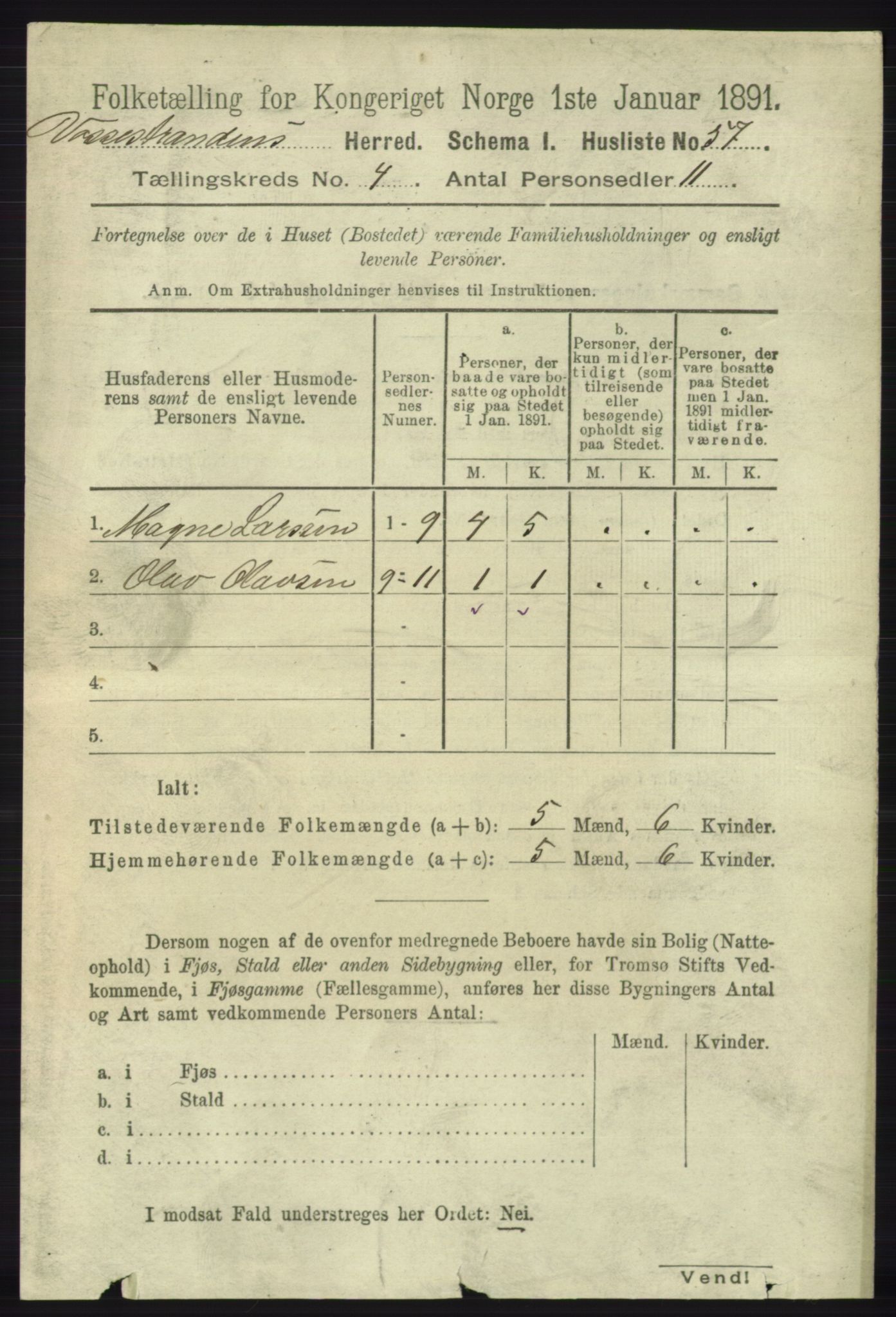 RA, 1891 census for 1236 Vossestrand, 1891, p. 1523