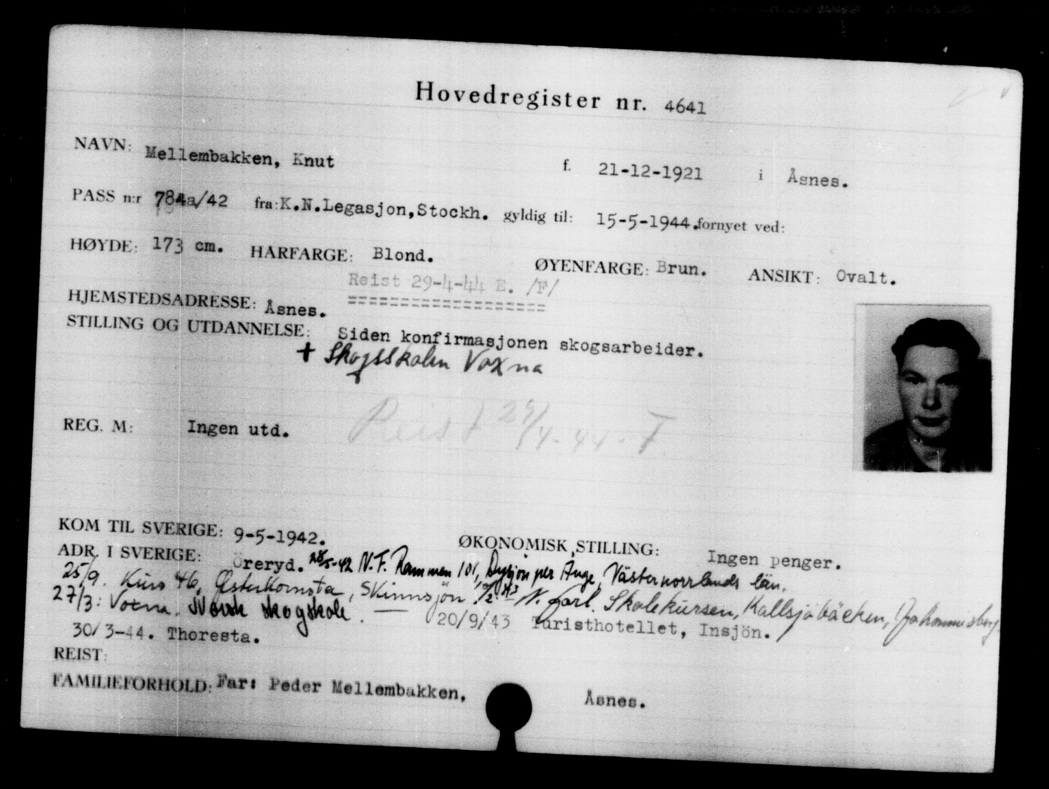 Utenriksstasjonene, Legasjonen i Stockholm, Flyktningkontoret, AV/RA-S-6753/V/Va/L0004: Kjesäterkartoteket, flyktninger med registreringsnr. 3496-6610, 1940-1945, p. 1356
