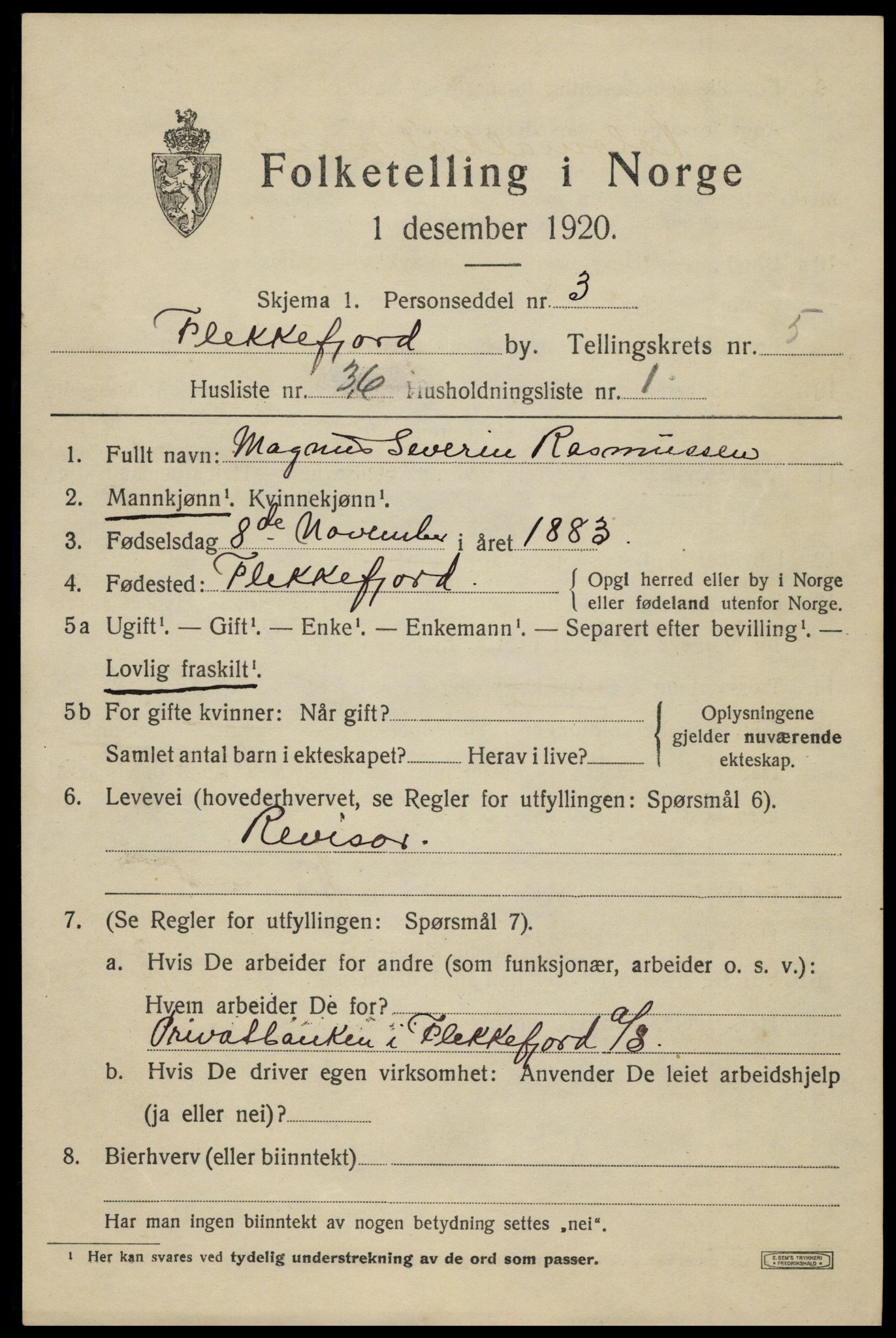 SAK, 1920 census for Flekkefjord, 1920, p. 5740