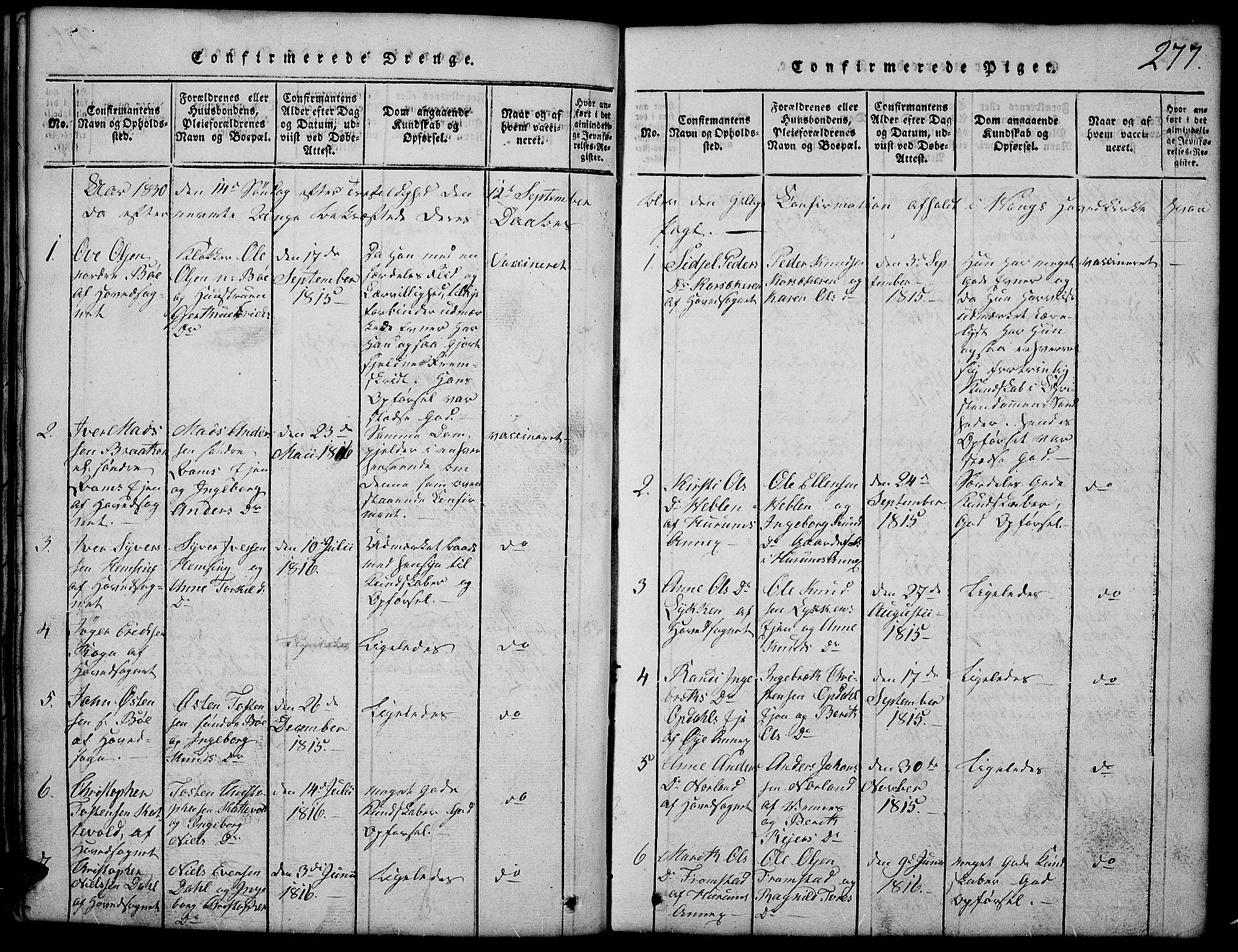 Vang prestekontor, Valdres, SAH/PREST-140/H/Hb/L0002: Parish register (copy) no. 2, 1814-1889, p. 277