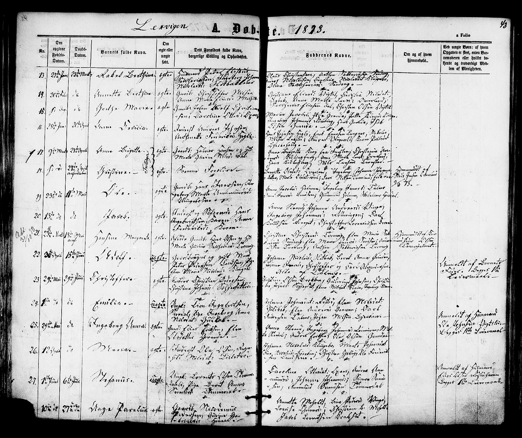 Ministerialprotokoller, klokkerbøker og fødselsregistre - Nord-Trøndelag, SAT/A-1458/701/L0009: Parish register (official) no. 701A09 /1, 1864-1882, p. 43