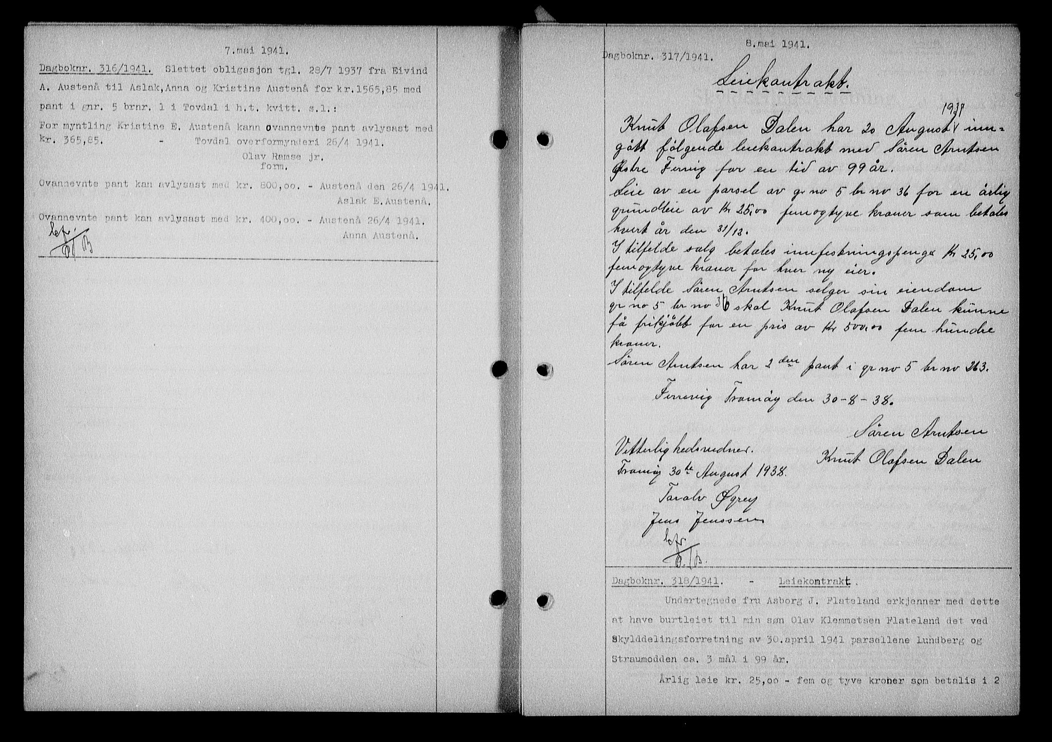 Nedenes sorenskriveri, SAK/1221-0006/G/Gb/Gba/L0048: Mortgage book no. A-II, 1940-1941, Diary no: : 316/1941