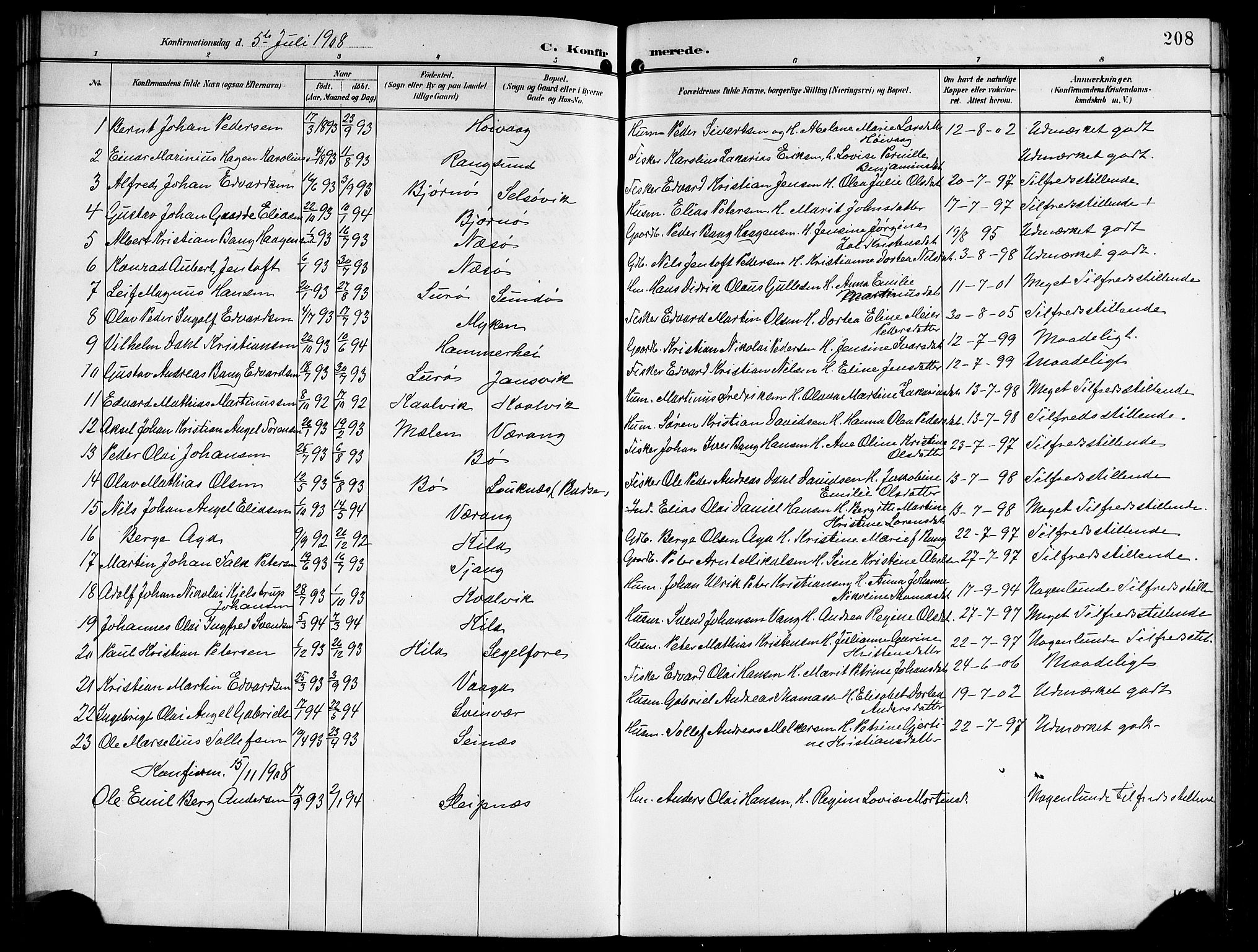 Ministerialprotokoller, klokkerbøker og fødselsregistre - Nordland, SAT/A-1459/841/L0621: Parish register (copy) no. 841C05, 1897-1923, p. 208