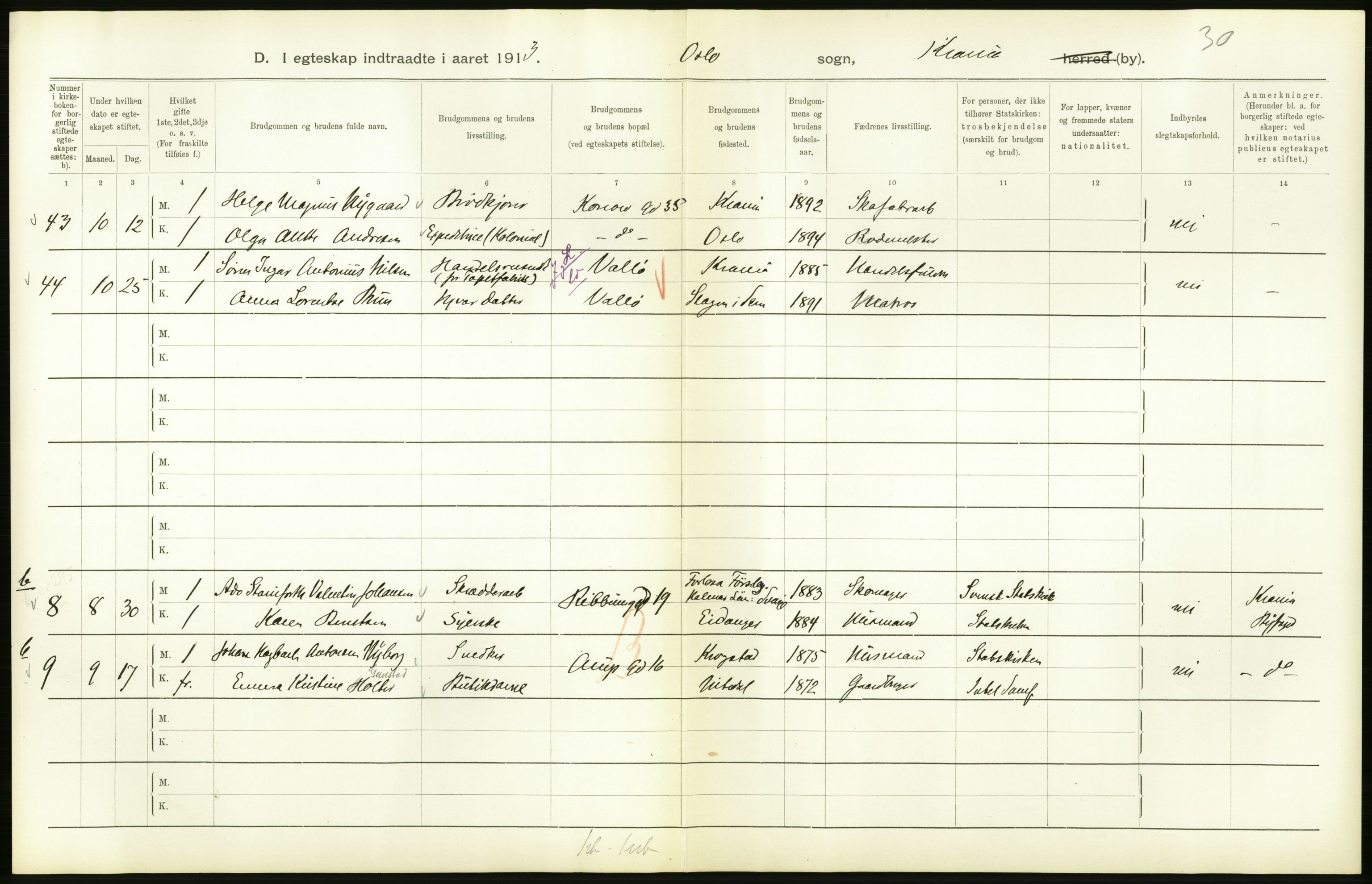 Statistisk sentralbyrå, Sosiodemografiske emner, Befolkning, AV/RA-S-2228/D/Df/Dfb/Dfbc/L0008: Kristiania: Gifte., 1913, p. 96