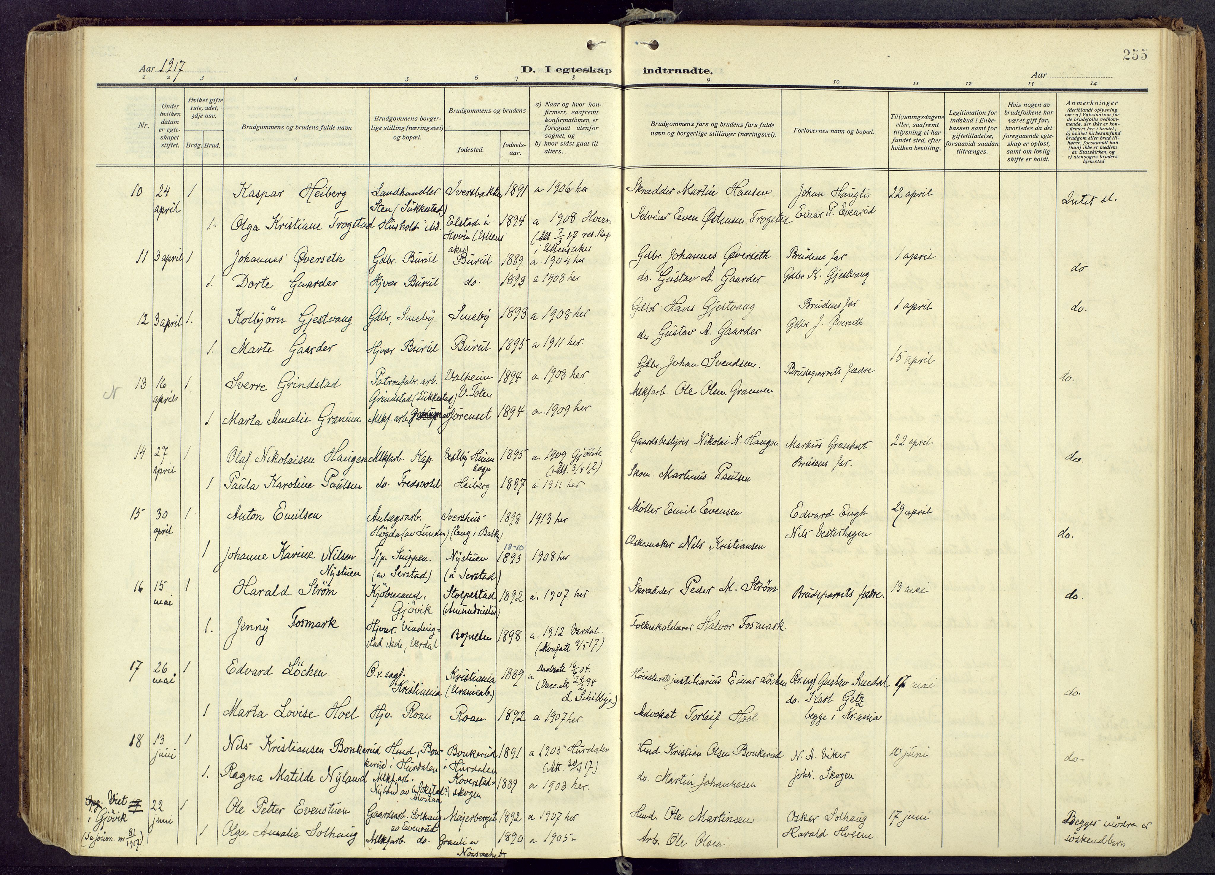 Østre Toten prestekontor, AV/SAH-PREST-104/H/Ha/Haa/L0010: Parish register (official) no. 10, 1910-1920, p. 255