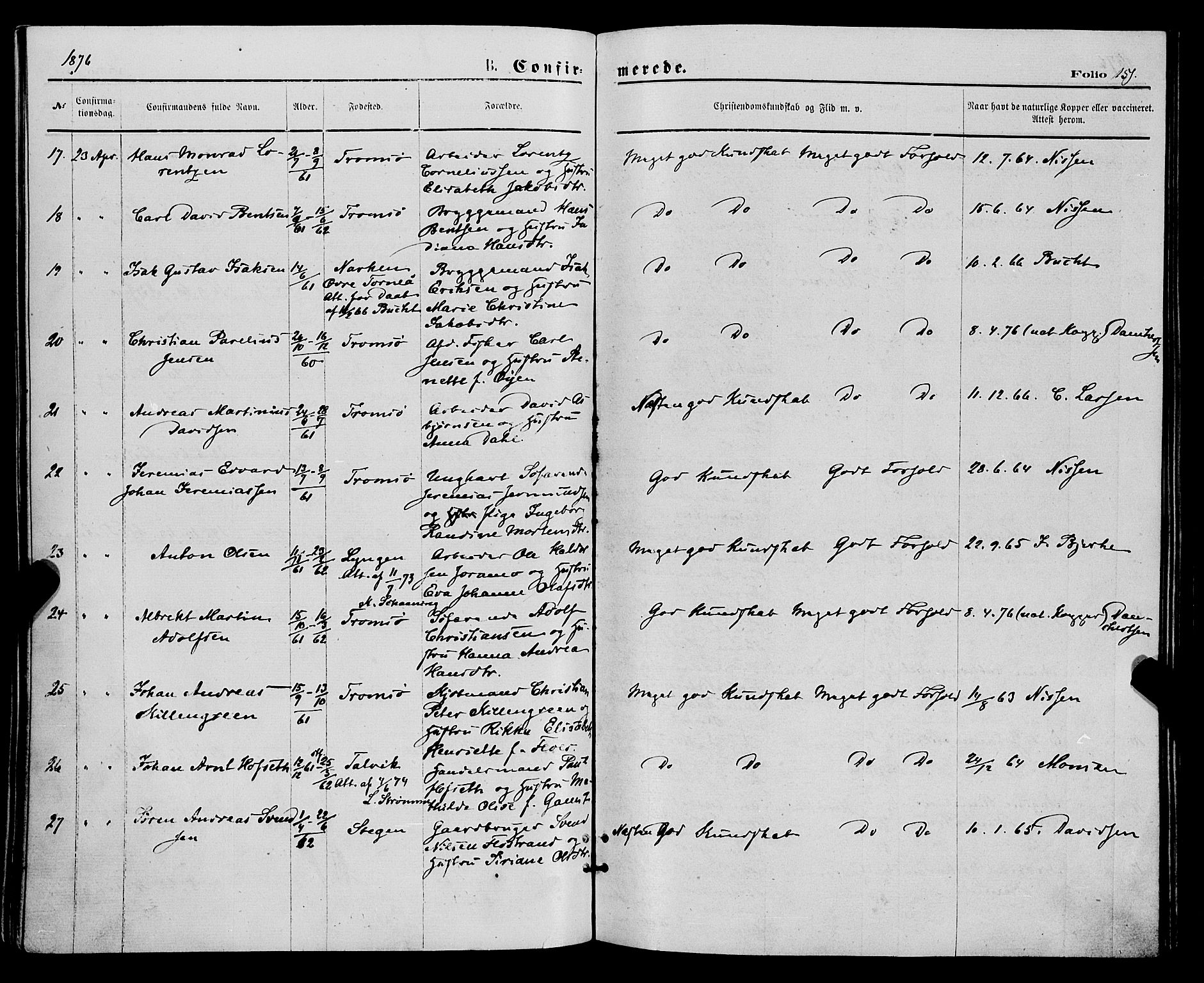 Tromsø sokneprestkontor/stiftsprosti/domprosti, AV/SATØ-S-1343/G/Ga/L0013kirke: Parish register (official) no. 13, 1872-1877, p. 151