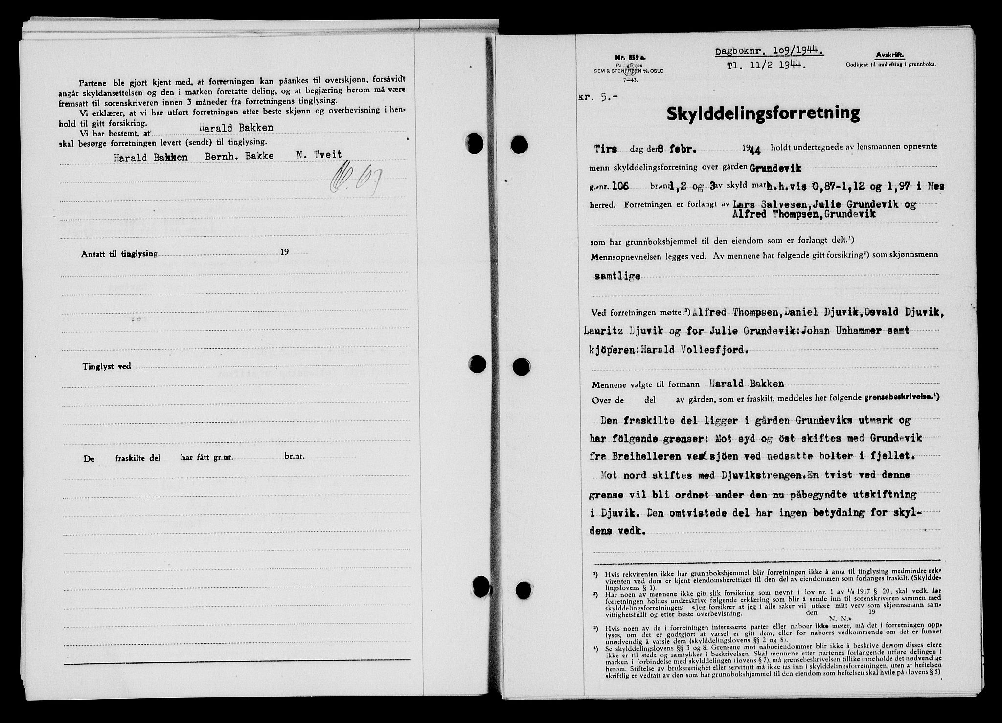 Flekkefjord sorenskriveri, SAK/1221-0001/G/Gb/Gba/L0059: Mortgage book no. A-7, 1944-1945, Diary no: : 109/1944