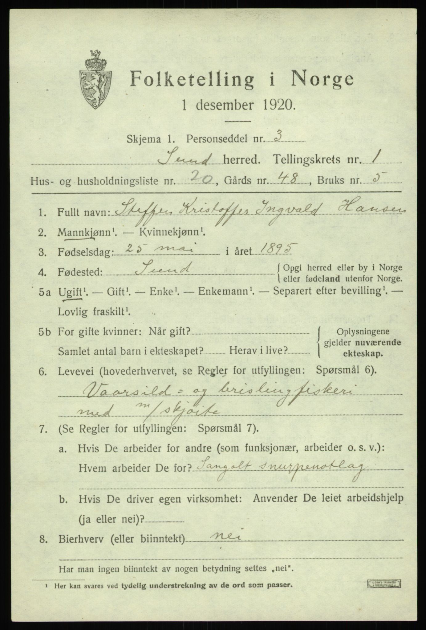 SAB, 1920 census for Sund, 1920, p. 1201