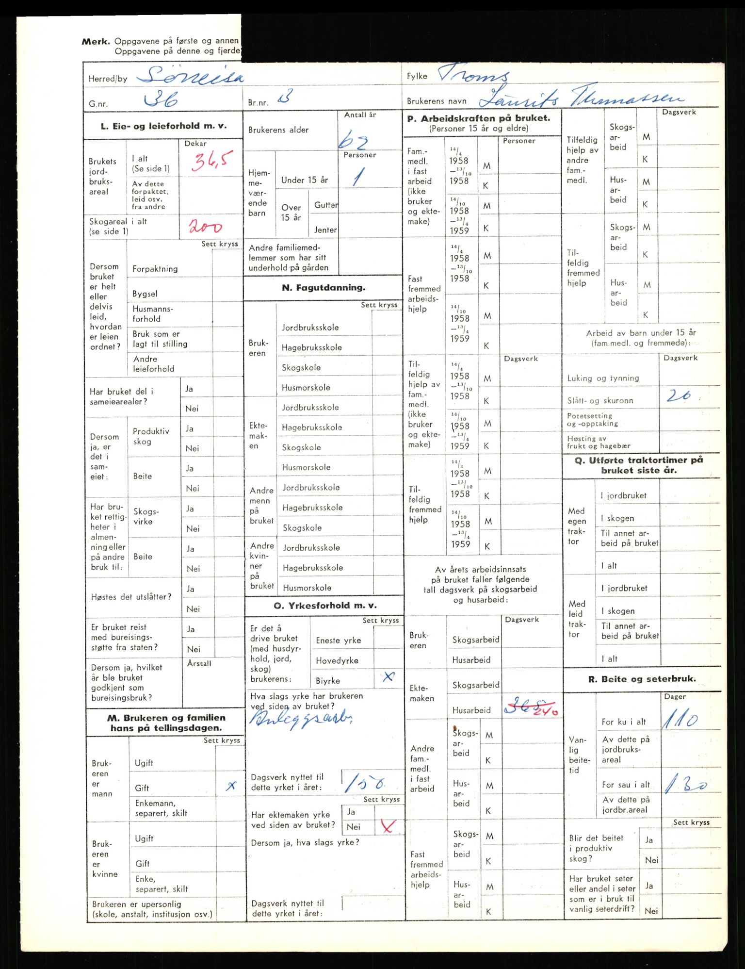 Statistisk sentralbyrå, Næringsøkonomiske emner, Jordbruk, skogbruk, jakt, fiske og fangst, AV/RA-S-2234/G/Gd/L0656: Troms: 1924 Målselv (kl. 0-3) og 1925 Sørreisa, 1959, p. 1754