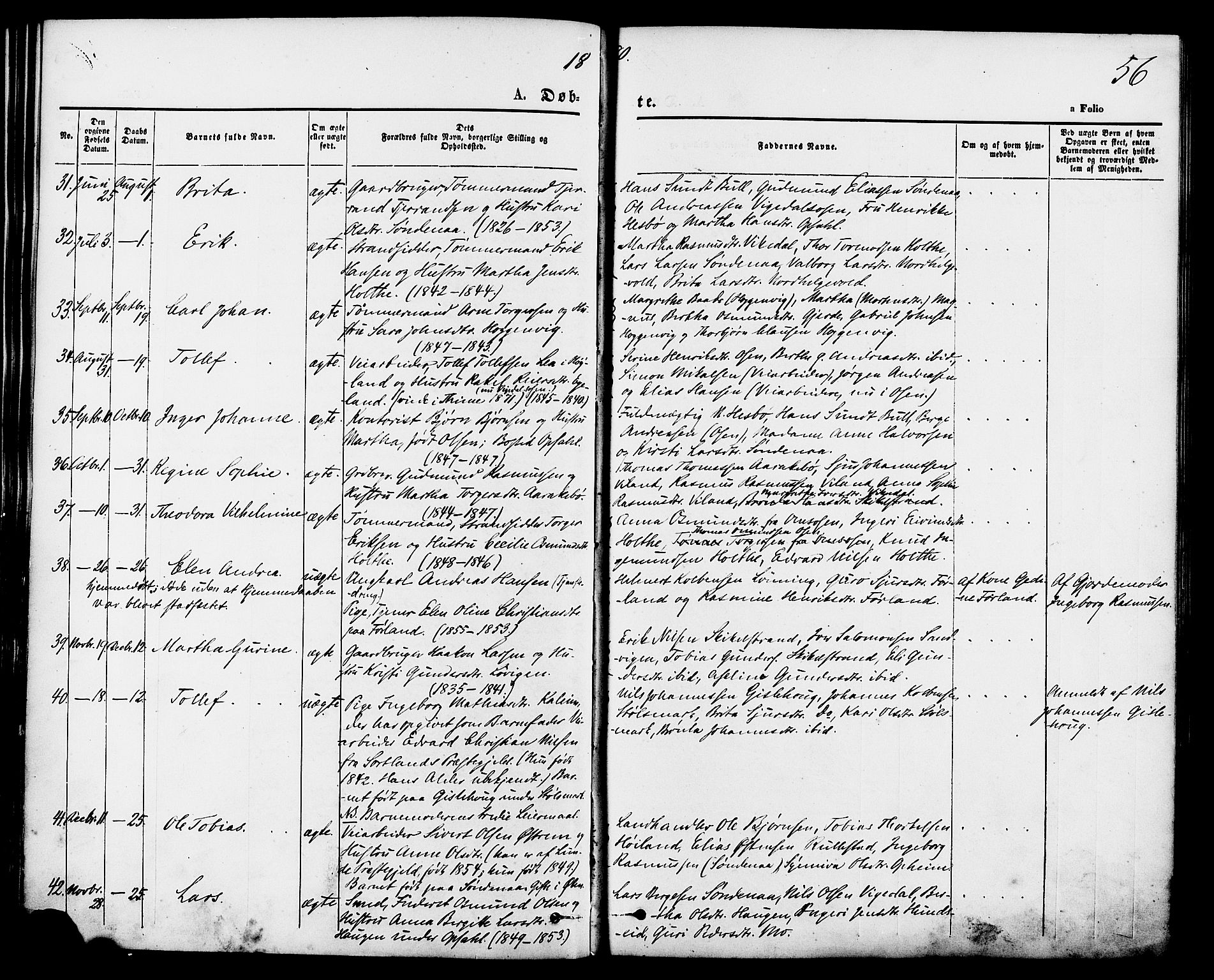Vikedal sokneprestkontor, SAST/A-101840/01/IV: Parish register (official) no. A 7, 1868-1883, p. 56