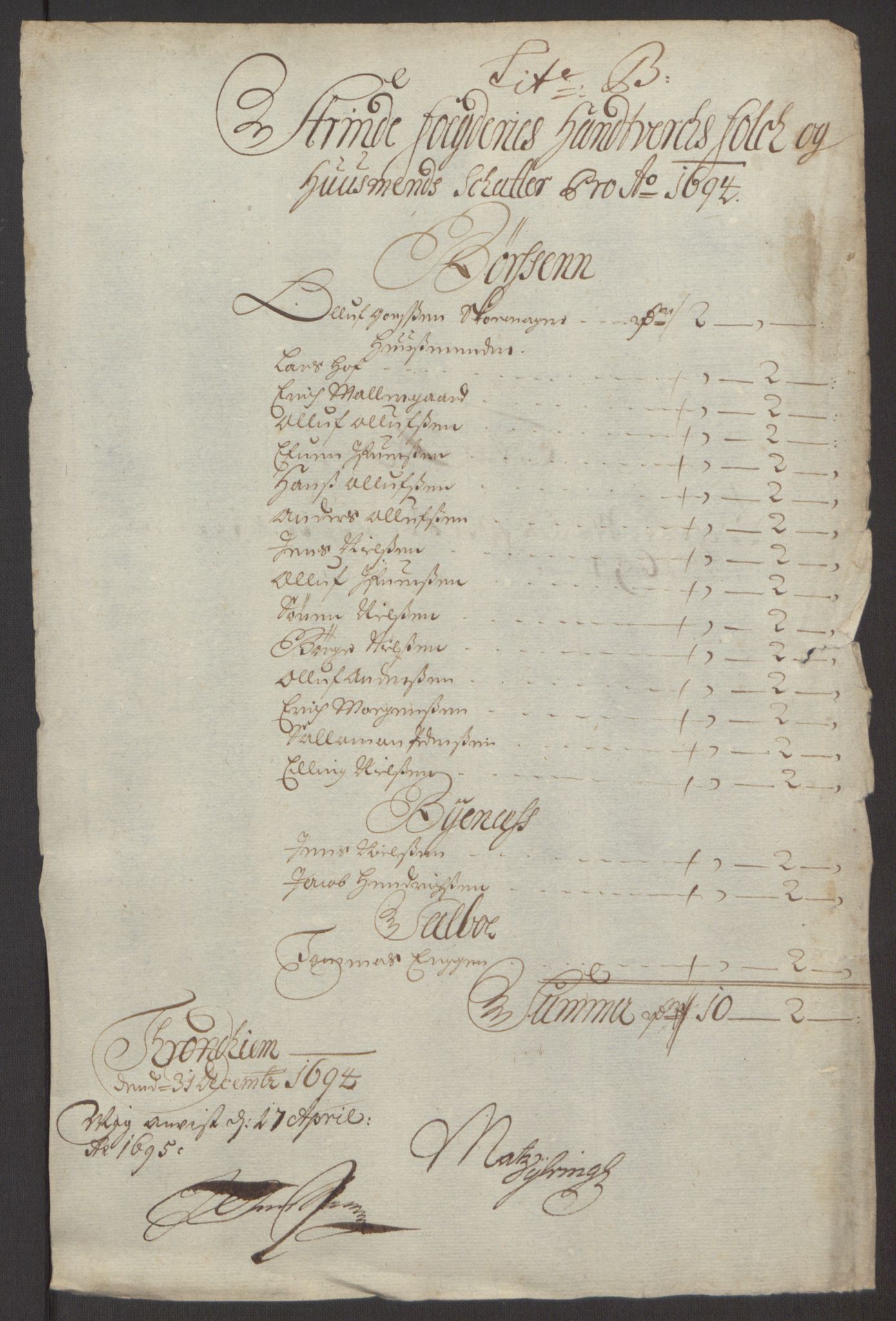 Rentekammeret inntil 1814, Reviderte regnskaper, Fogderegnskap, AV/RA-EA-4092/R61/L4104: Fogderegnskap Strinda og Selbu, 1693-1694, p. 208
