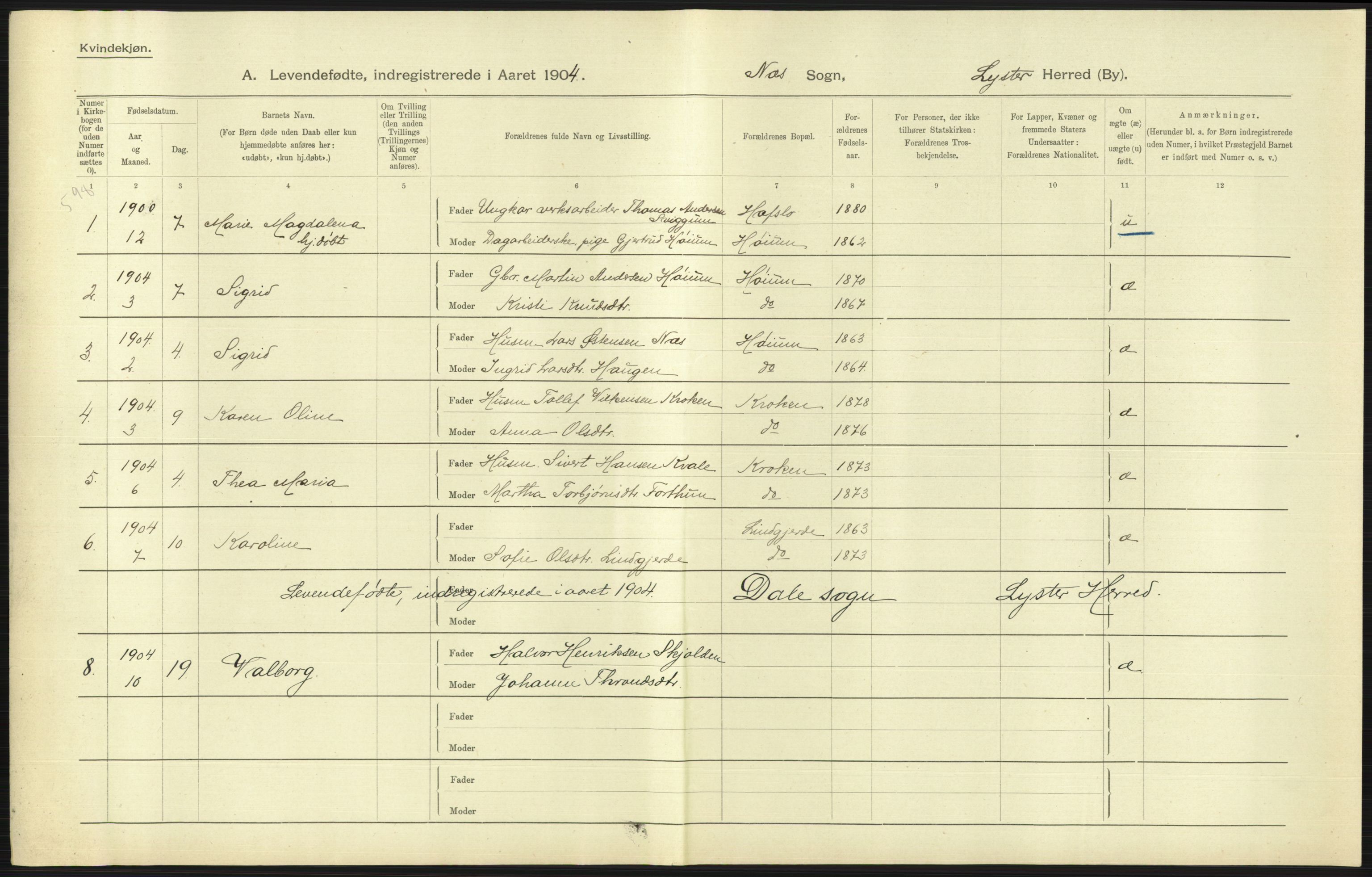 Statistisk sentralbyrå, Sosiodemografiske emner, Befolkning, RA/S-2228/D/Df/Dfa/Dfab/L0015: Nordre Bergenhus amt: Fødte, gifte, døde. Bygder, 1904, p. 399