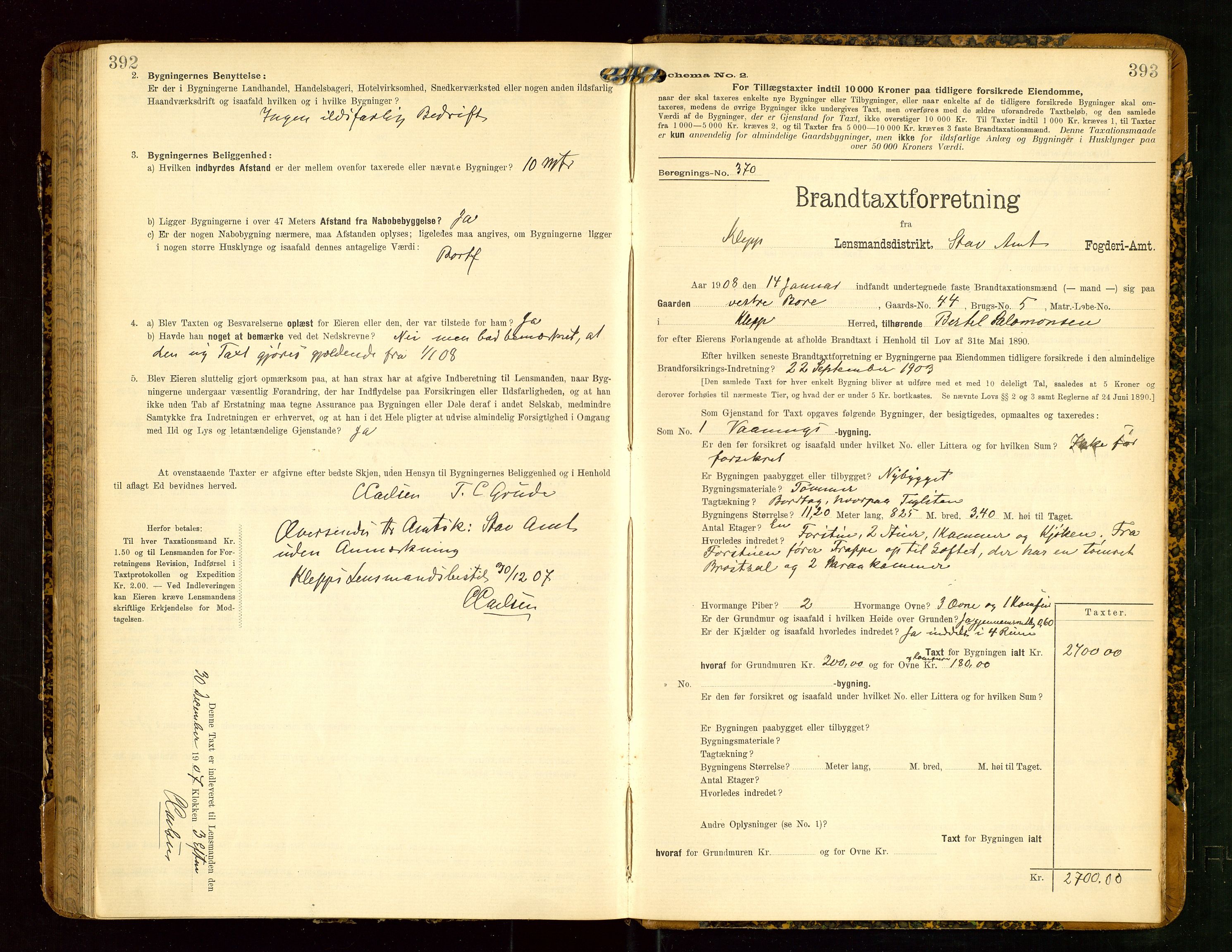 Klepp lensmannskontor, SAST/A-100163/Goc/L0004: "Brandtaxationsprotokol" m/register, 1906-1908, p. 392-393