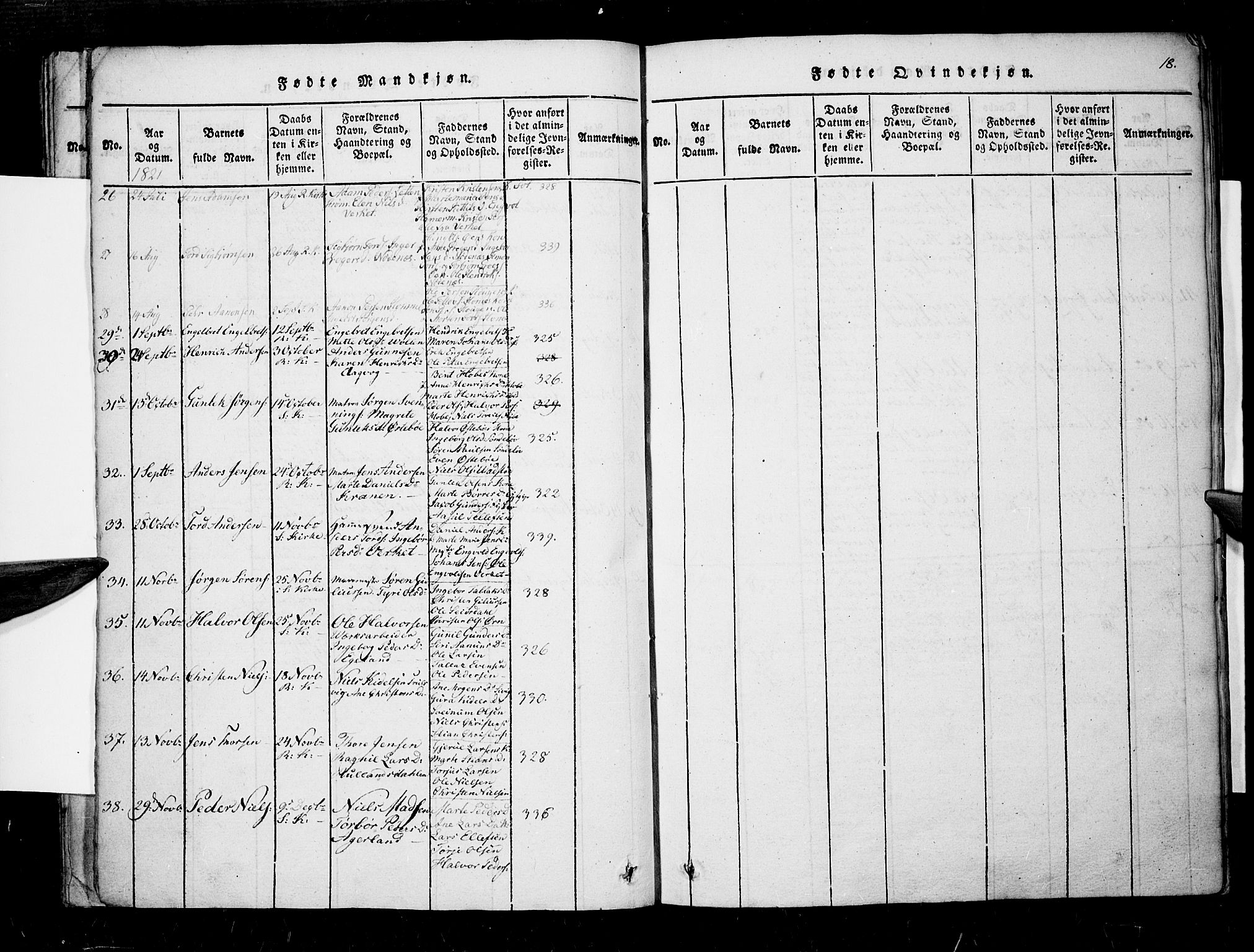 Søndeled sokneprestkontor, AV/SAK-1111-0038/F/Fa/L0001: Parish register (official) no. A 1, 1816-1838, p. 18