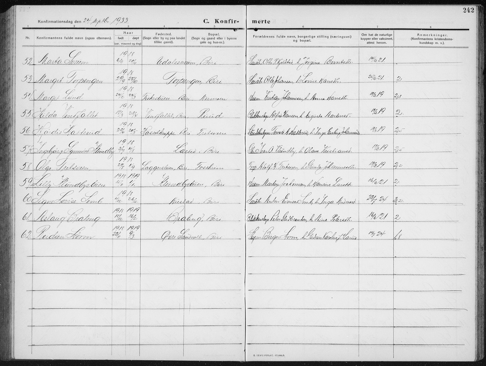 Biri prestekontor, AV/SAH-PREST-096/H/Ha/Hab/L0006: Parish register (copy) no. 6, 1909-1938, p. 242