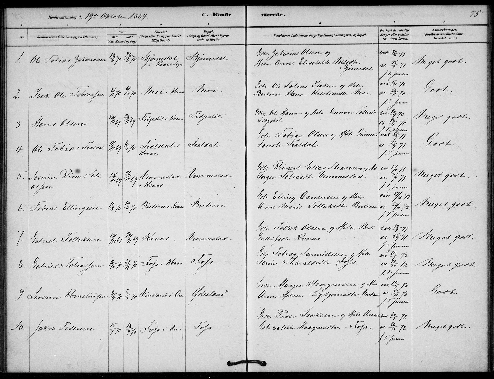 Lyngdal sokneprestkontor, SAK/1111-0029/F/Fa/Fab/L0003: Parish register (official) no. A 3, 1878-1903, p. 75